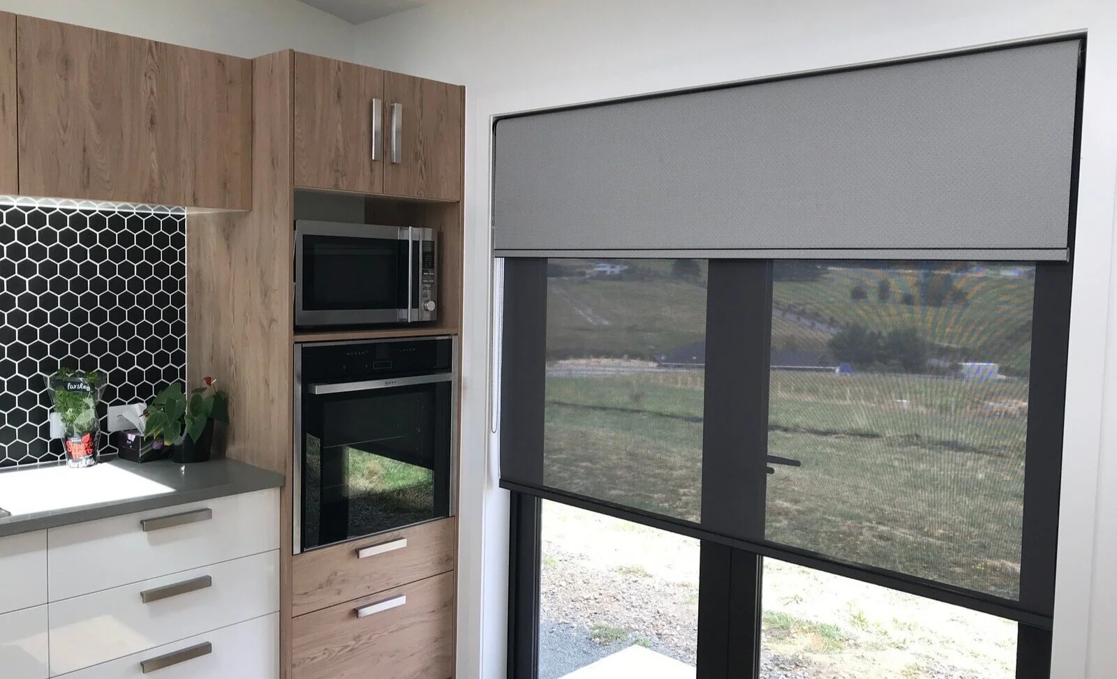 DUal blinds - Roller blind (Blockout) + Sunscreen Blind fitted into slider