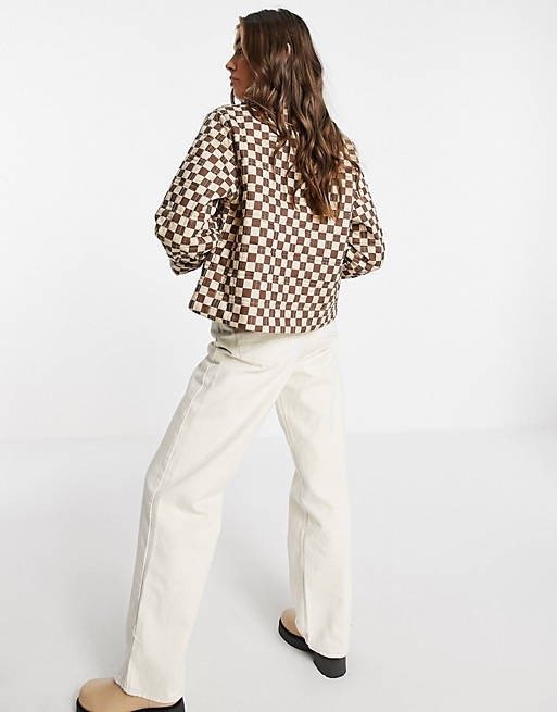 Monki Nicco Cotton Jacket in Brown Checkerboard Print