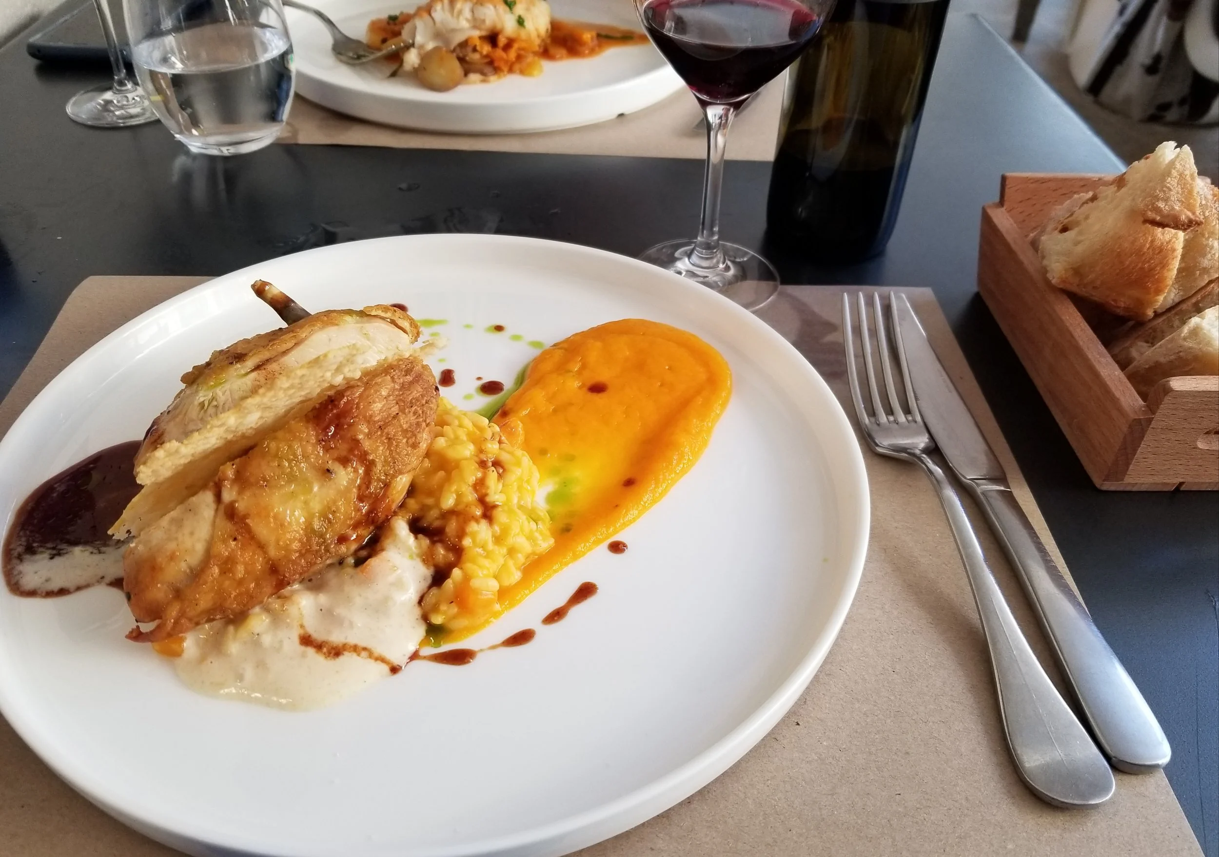 Supreme de Volaille (chicken) with butternut squash risotto and puree of butternut squash