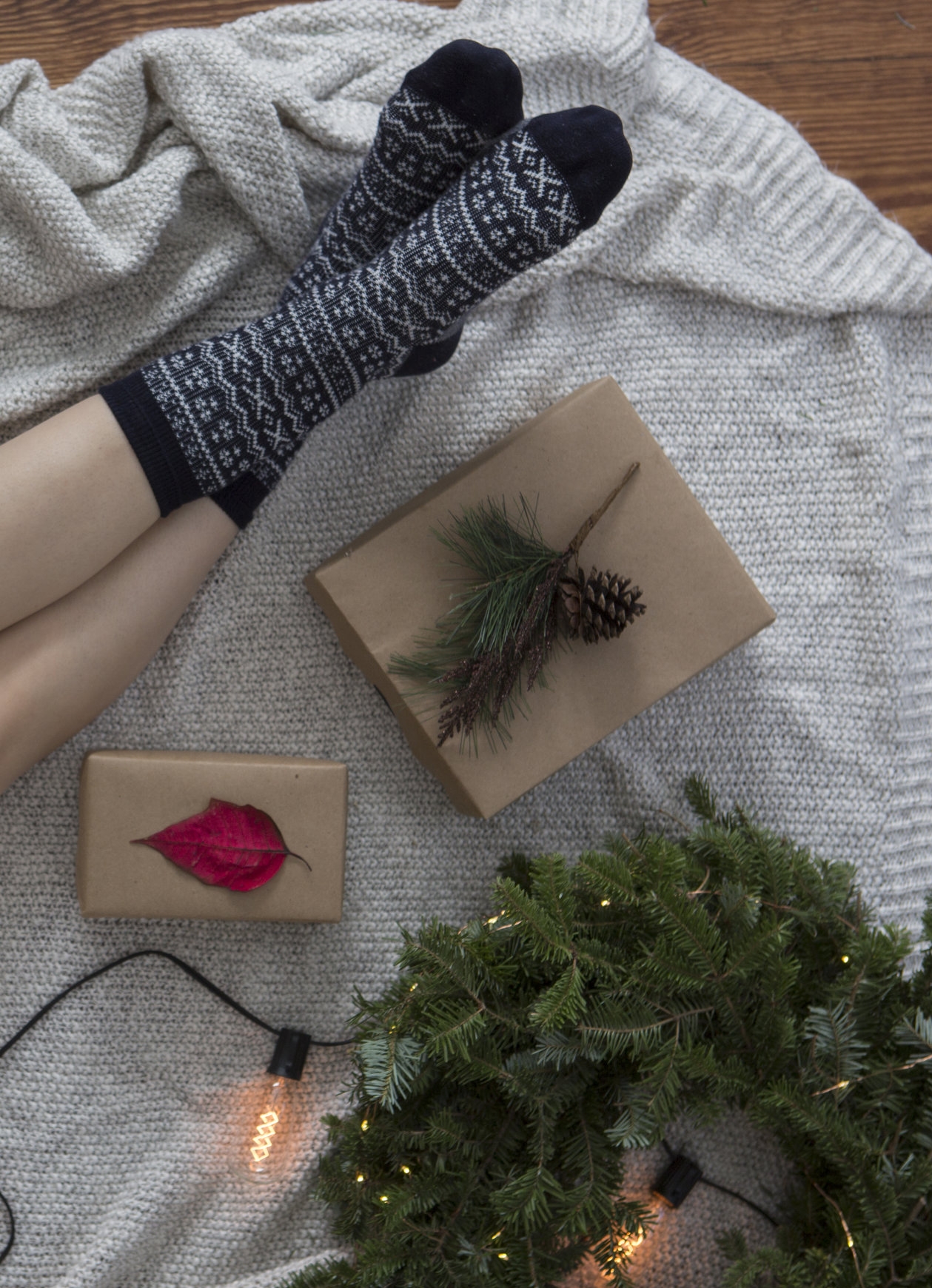 Knitted socks and Christmas wrapping