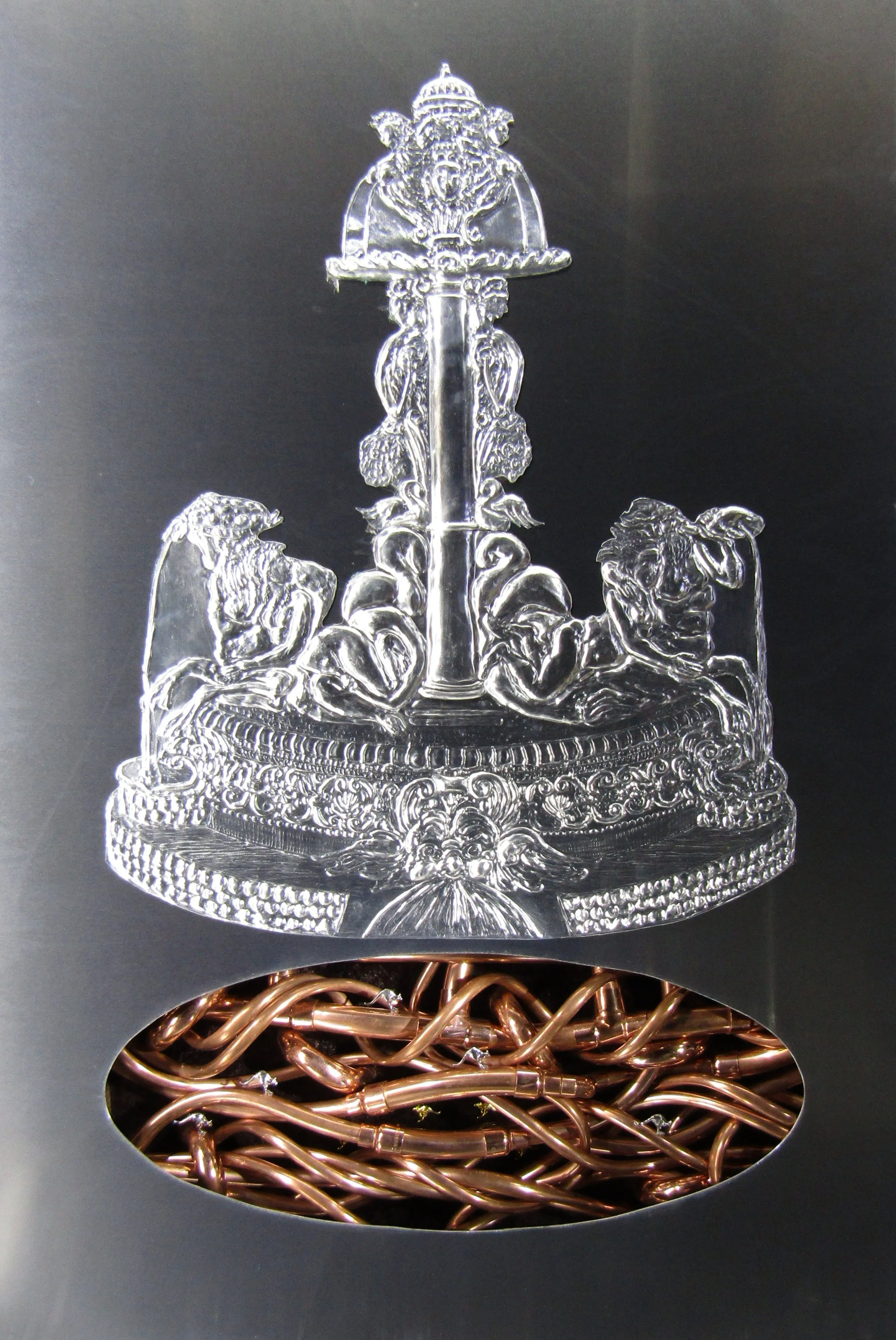 Above: Glover’s Untidy Eucalypt Scrub , 2016, embossed aluminium with fabricated elements in copper, brass and silver and gold alloy. 90 x 60 x 7cm.(private collection, Brisbane)