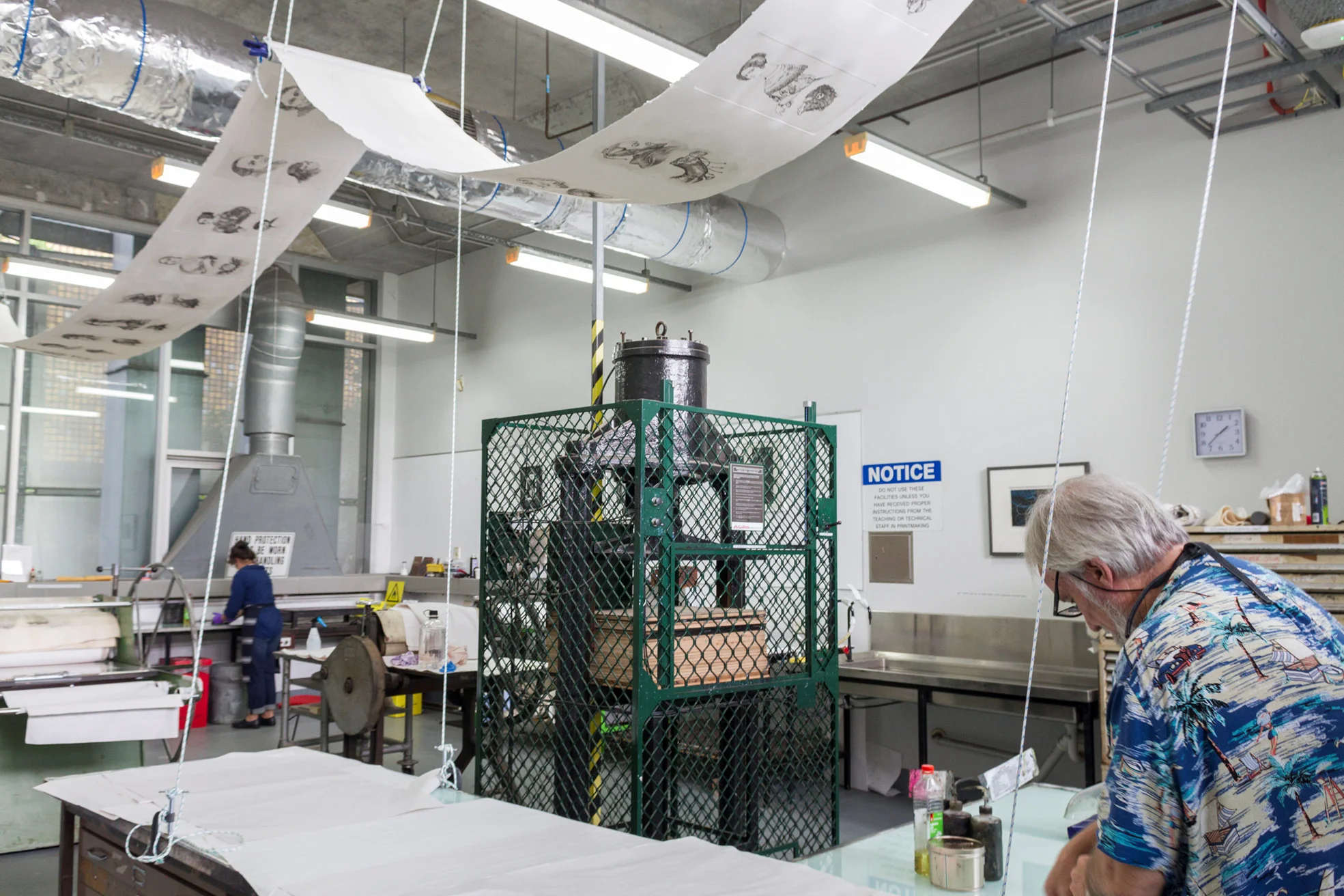 The sheet hoisted up to dry.