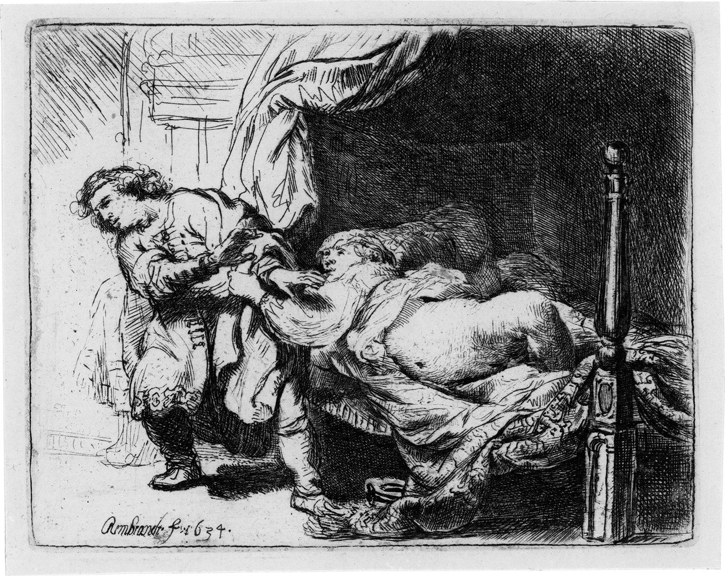 Rembrandt van Rijn (1606-1669) Joseph and Potiphar's Wife, etching and engraving, 1634, a good but later impression on laid paper, New Hollstein's final state (of four), platemark 9.3 x 11.5 cm (Copy)