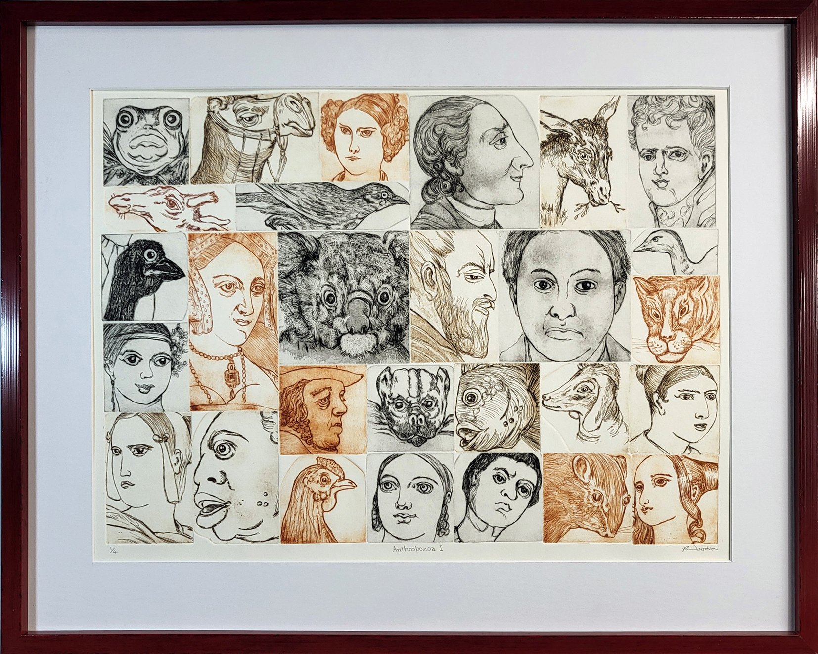 Anthropozoa I 2026 etching and aquatint 28 copperplates on Dutch etching paper image c. 45 x 56 cm. frame 58.5 x 73.5