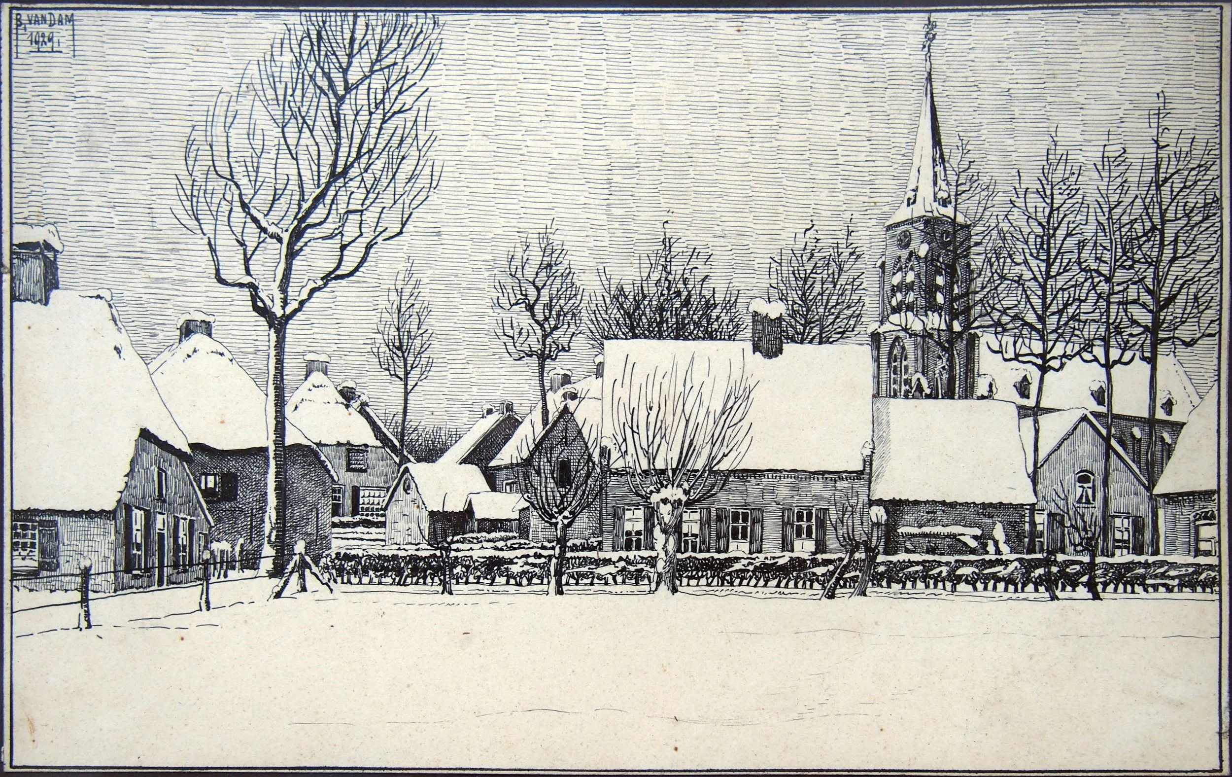 Nieuw ontdekking: een tekening van een winters dorpsgezicht van Eerde 1929