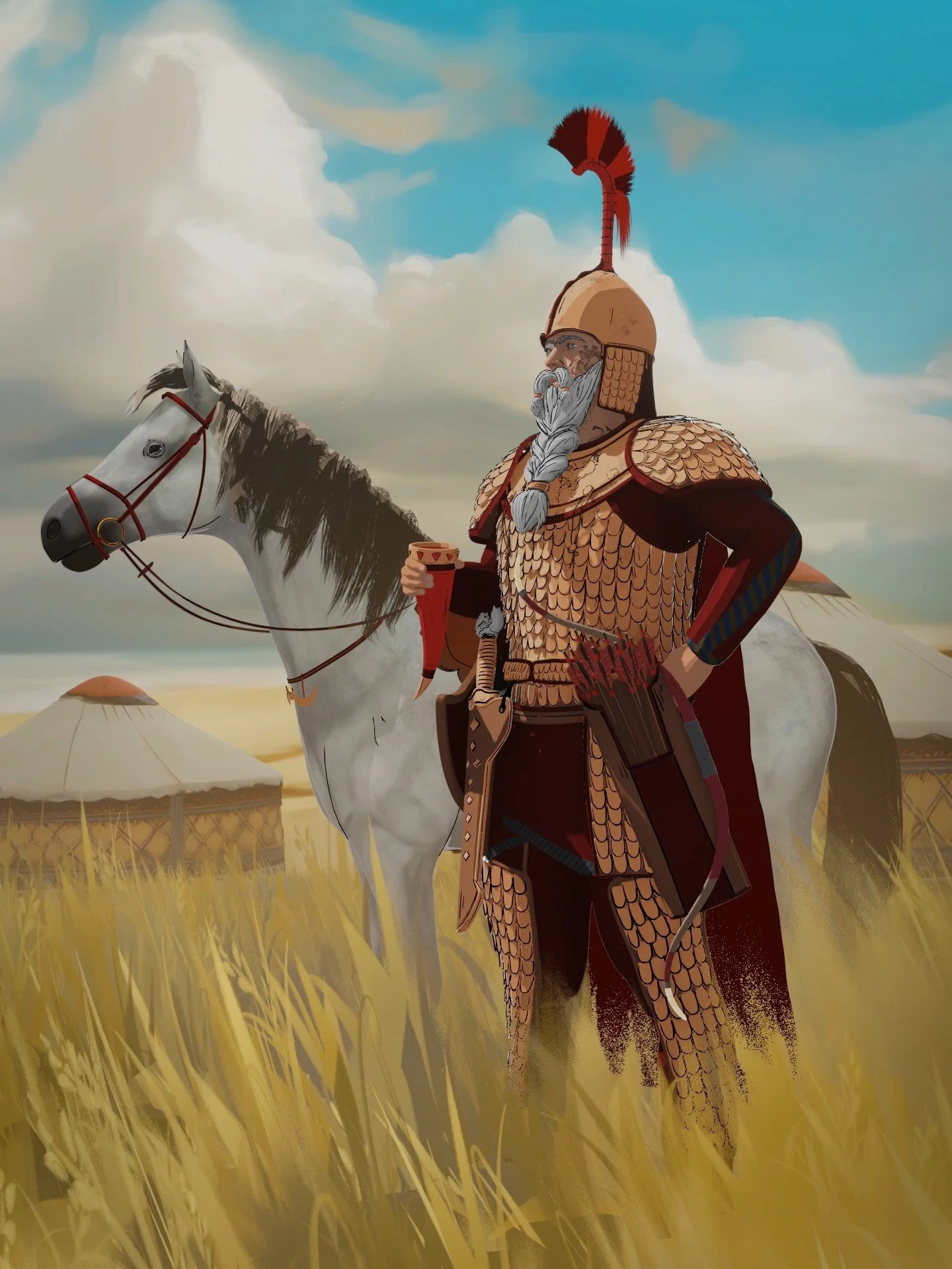 &ldquo;&hellip;Philippos studied the man before him with quiet curiosity. The warrior&rsquo;s armour gleamed like gold, its scales fitted with care and purpose. 

He wore red trousers &mdash; an odd sight to the Greek&rsquo;s eyes, yet fitting for a 