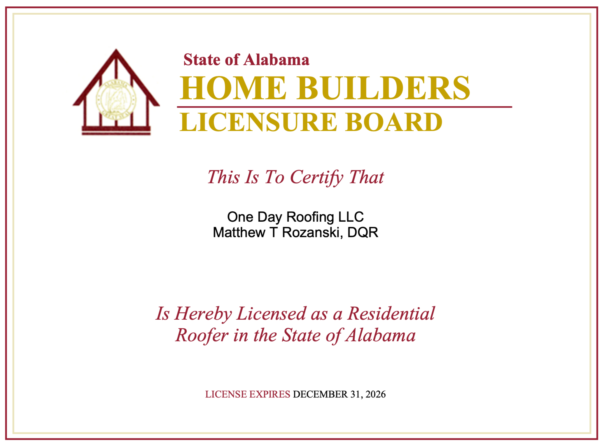 Alabama Roofing License