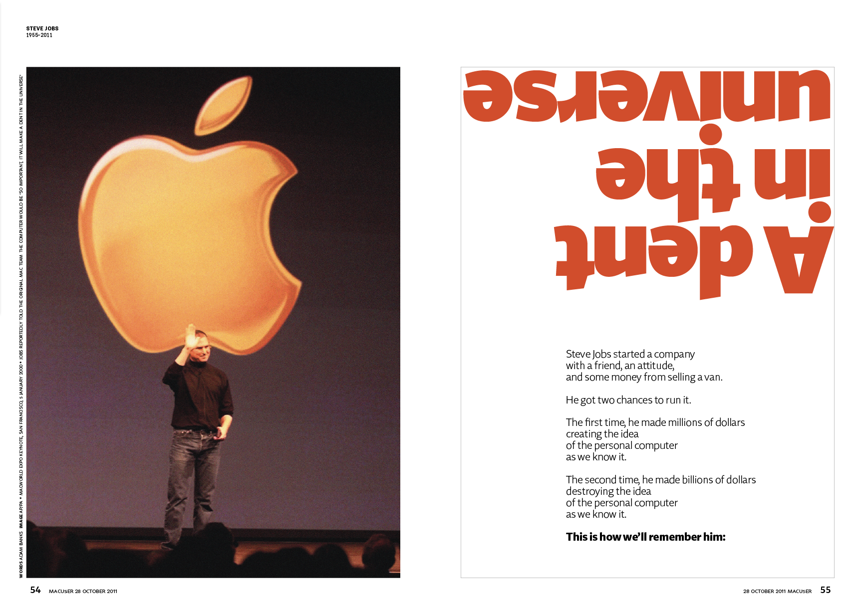 Opening spread of Steve Jobs obituary, October 2011. Copywriting and layout: Adam Banks. Photo: Associated Press
