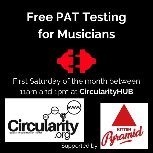 Thanks to @kittenpyramid we are now able to offer free PAT testing to musicians every first Saturday of the month at the #CircularityHUB