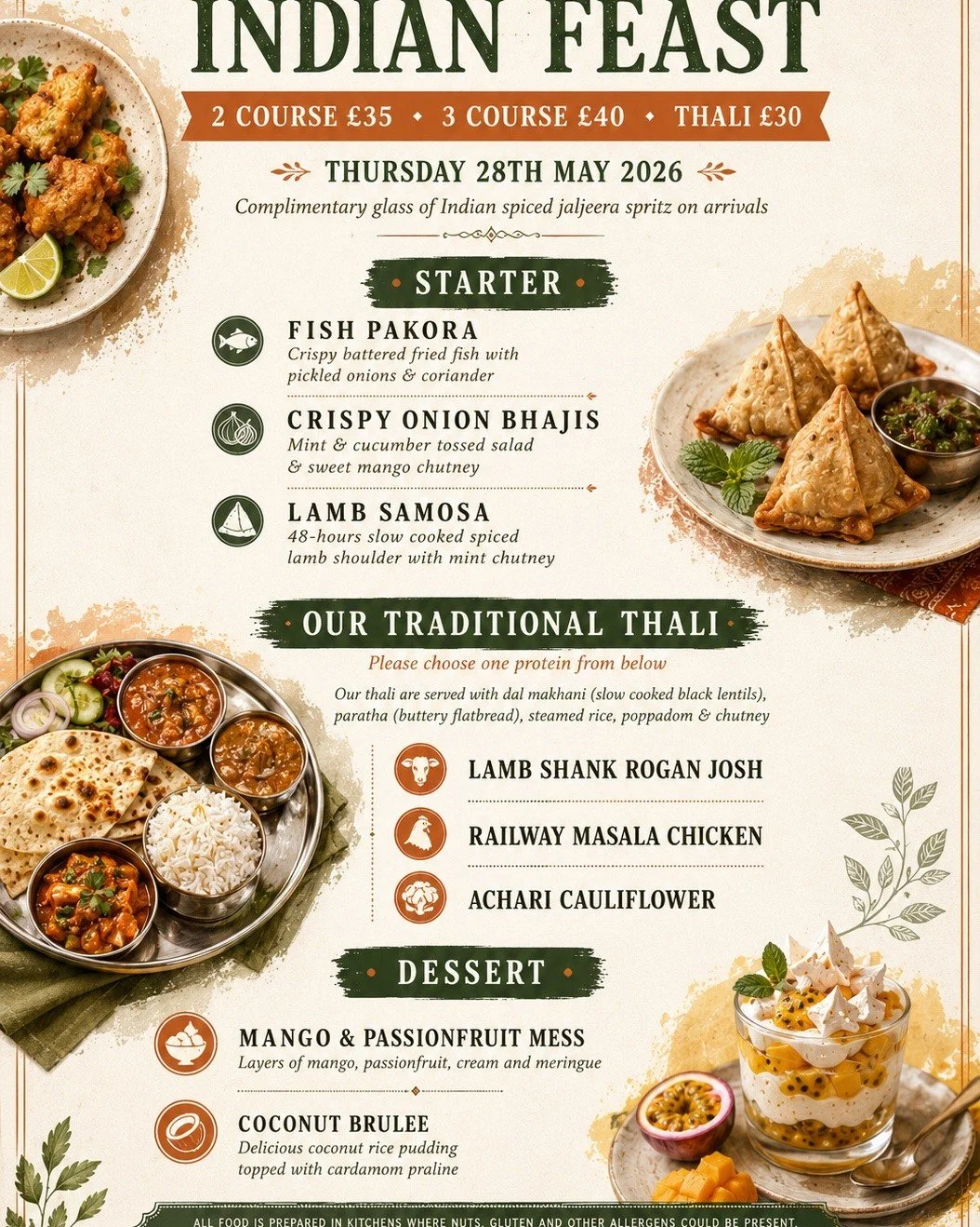 Join us at The Four Horseshoes, Chobham for a delicious evening of authentic flavours at our INDIAN FEAST night on Thursday 28th May 2026.

From crispy starters and traditional thalis to indulgent desserts, enjoy a specially curated menu full of rich