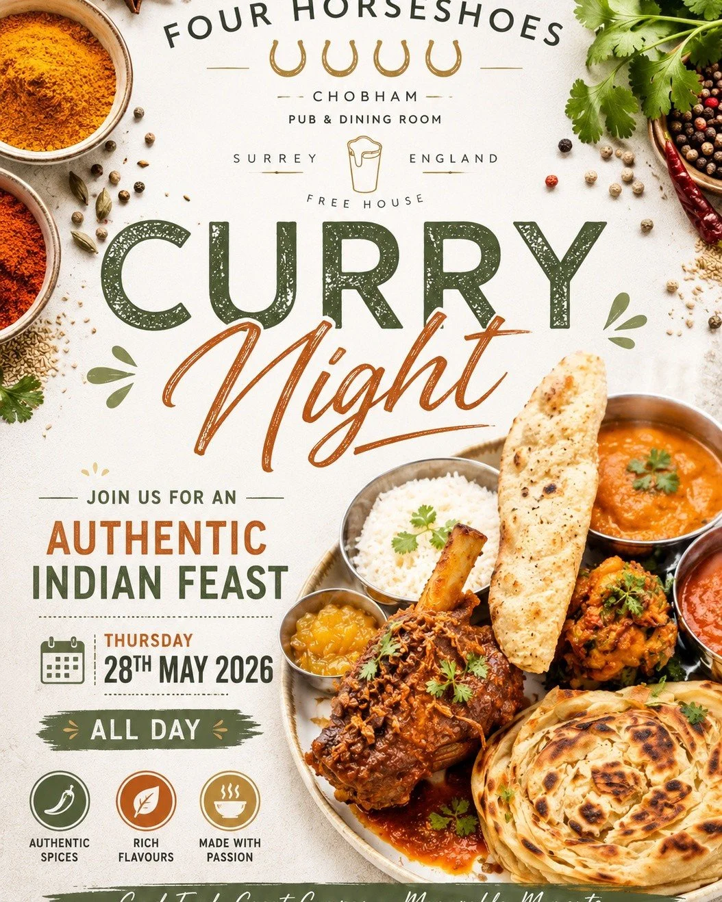 🍛 CURRY NIGHT AT THE FOUR HORSESHOES 🍛

Join us on Thursday 28th May 2026 for an evening of authentic Indian flavours 🇮🇳 paired with sustainable British ingredients 🇬🇧

Fresh spices, bold flavours, great food &amp; a warm pub atmosphere await.
