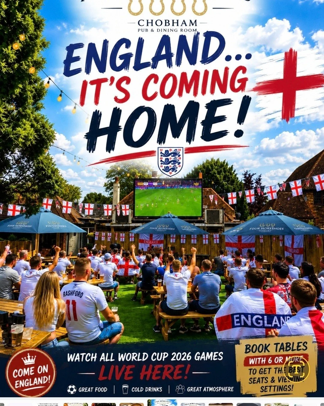 ⚽🏆 The World Cup is coming to The Four Horseshoes, Chobham! 🏆⚽

Join us to watch all the action LIVE both indoors and in our brand-new garden area.

Whether you want the atmosphere inside or the sunshine outside, we've got the perfect spot to enjoy