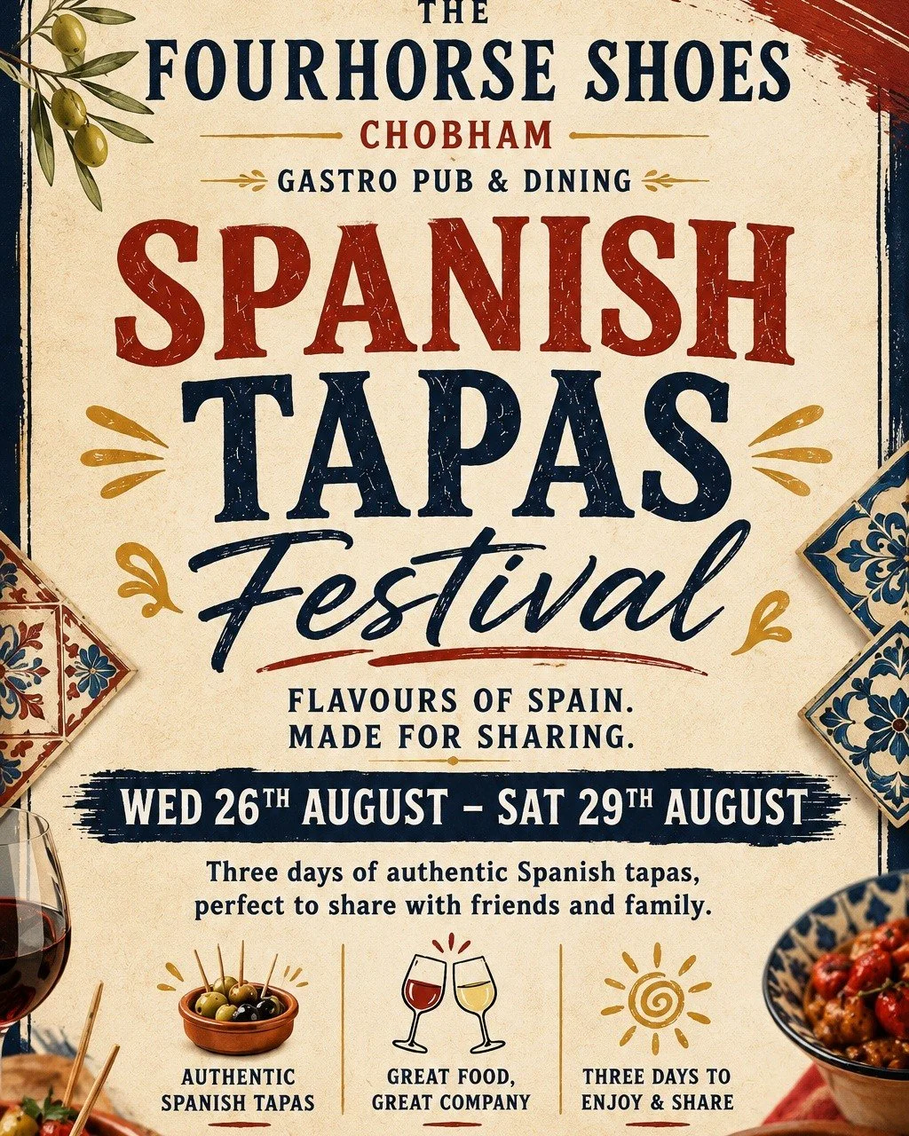 🇪🇸 Spanish Tapas Week is coming to The Four Horseshoes, Chobham! 🇪🇸

Join us from Wednesday 26th &ndash; Saturday 29th August for delicious Spanish tapas, great drinks and even better company. 🍷🥘

Bring your friends and family, share a few plat