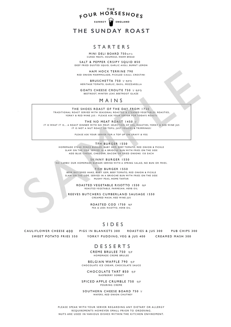 Sunday Roast — The Four Horseshoes Surrey Life Pub Of The Year 2014