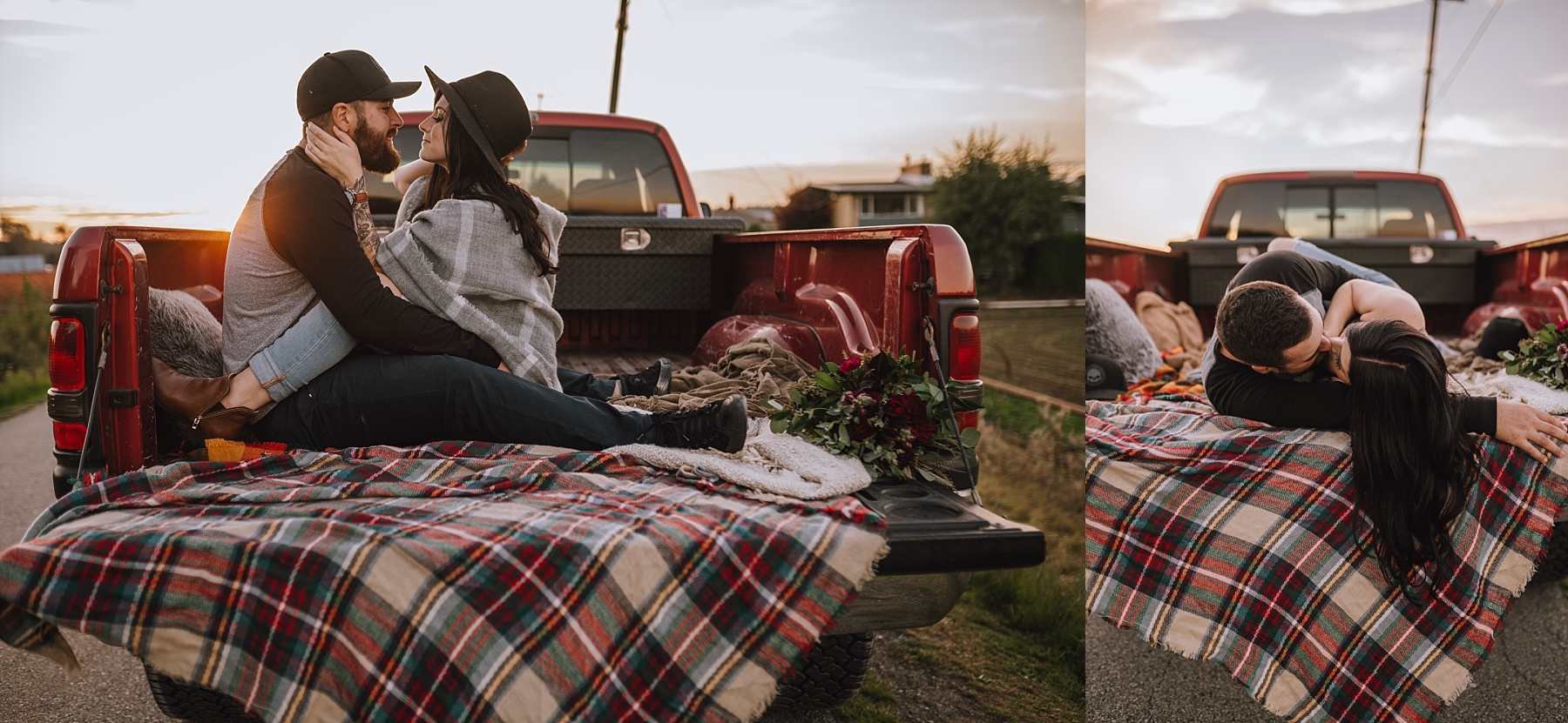 couple cuddling in the back of a truck