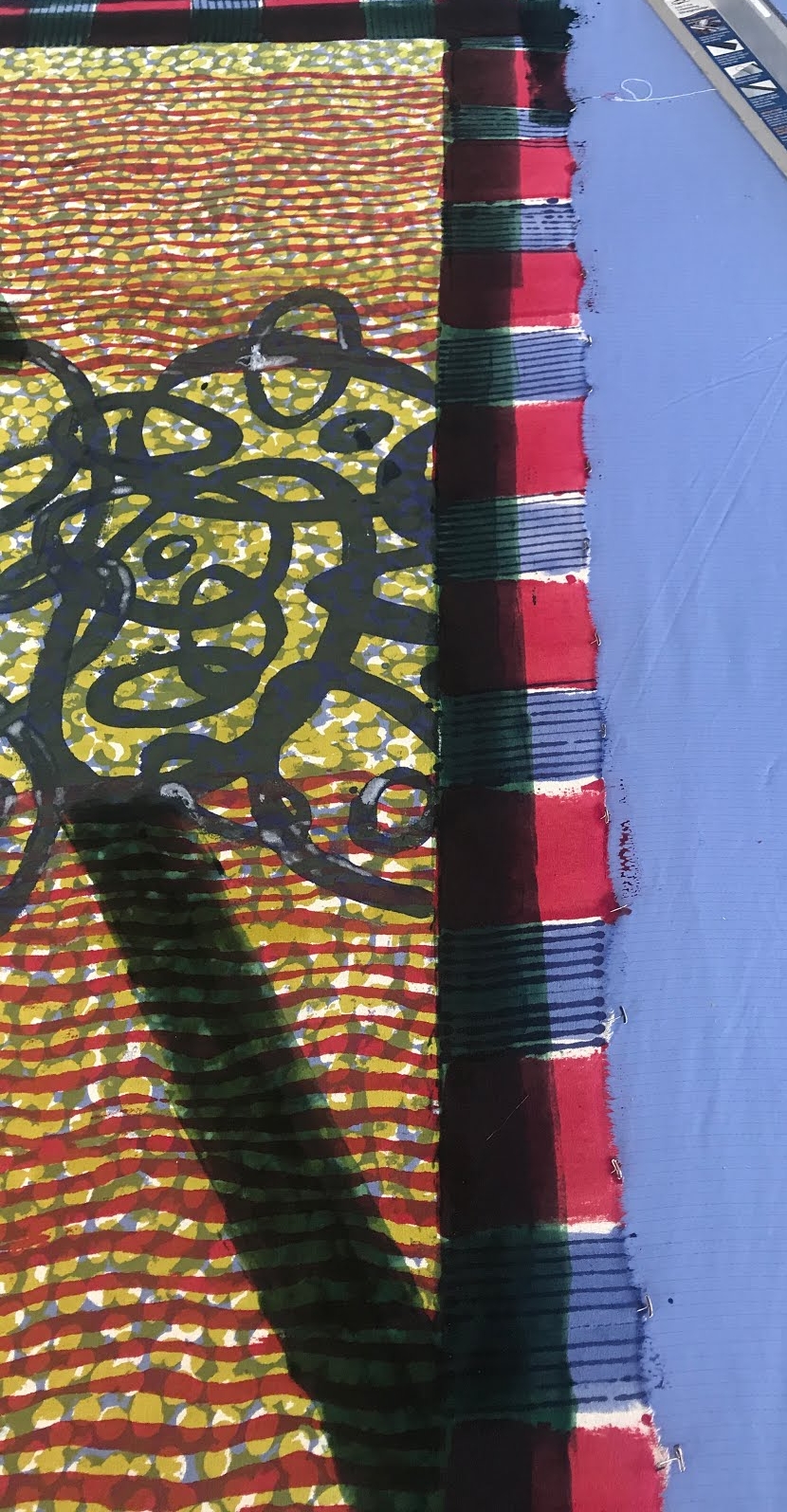 Decided to just save a small strip of the blue and red. The new dyes are sill very wet in this photo.