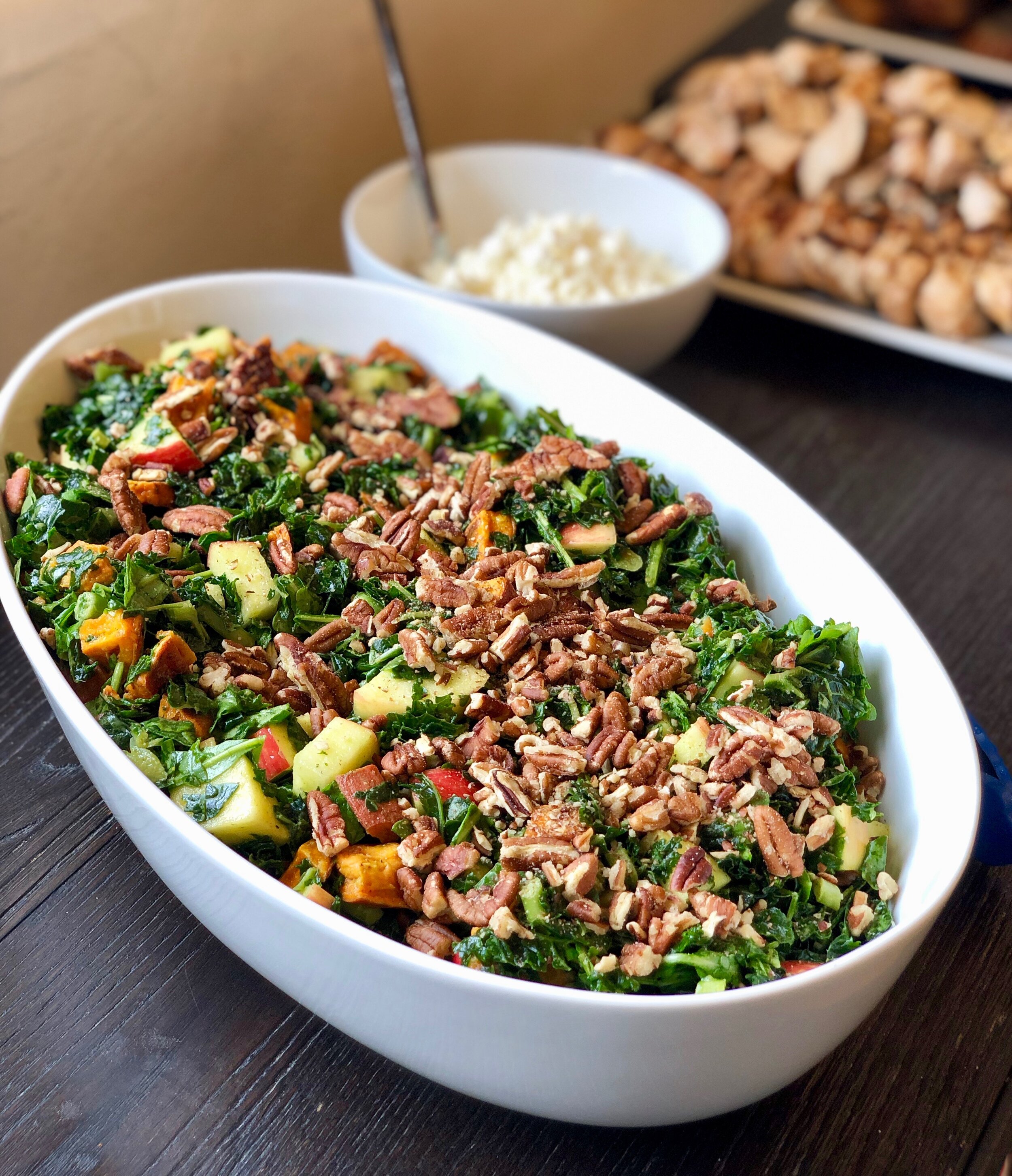 This fall salad is ready to be dressed with my lemon tahini vinaigrette. It has kale, arugula, sweet potatoes, apples, and toasted pecans. A perfect lunch with a scoop of quinoa or some sliced chicken.