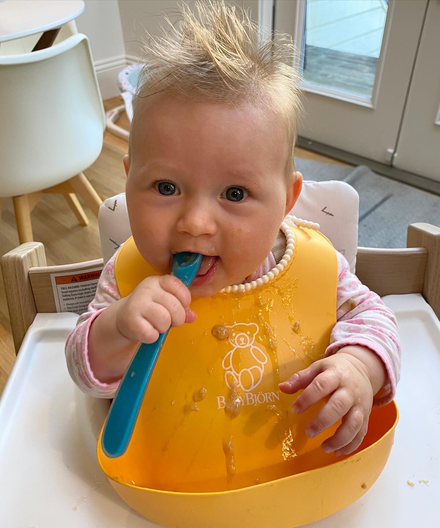 Bananas everywhere! We maybe got 20% in our mouth but definitely had fun 😊. There&rsquo;s so much information out there about how/when/what to feed your baby - we want to take the approach of mostly baby led weaning. But we&rsquo;re starting with pu