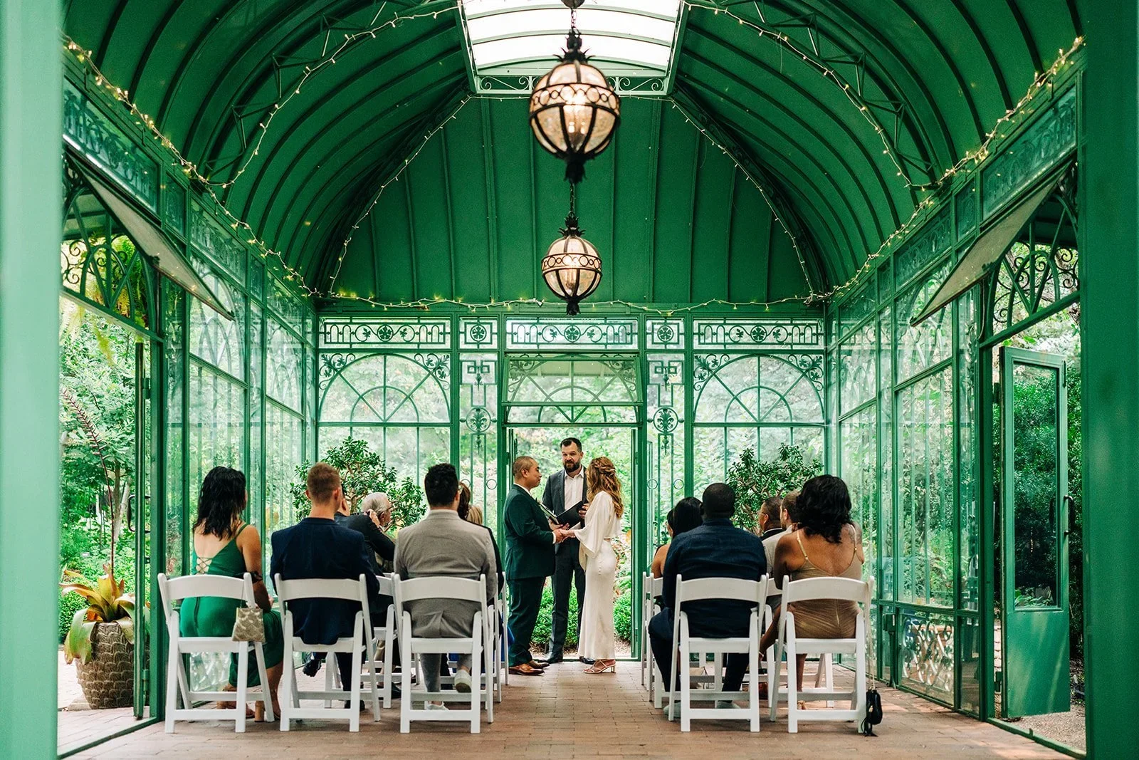 small wedding ceremony in the woodland mosaic in the denver botanic gardens