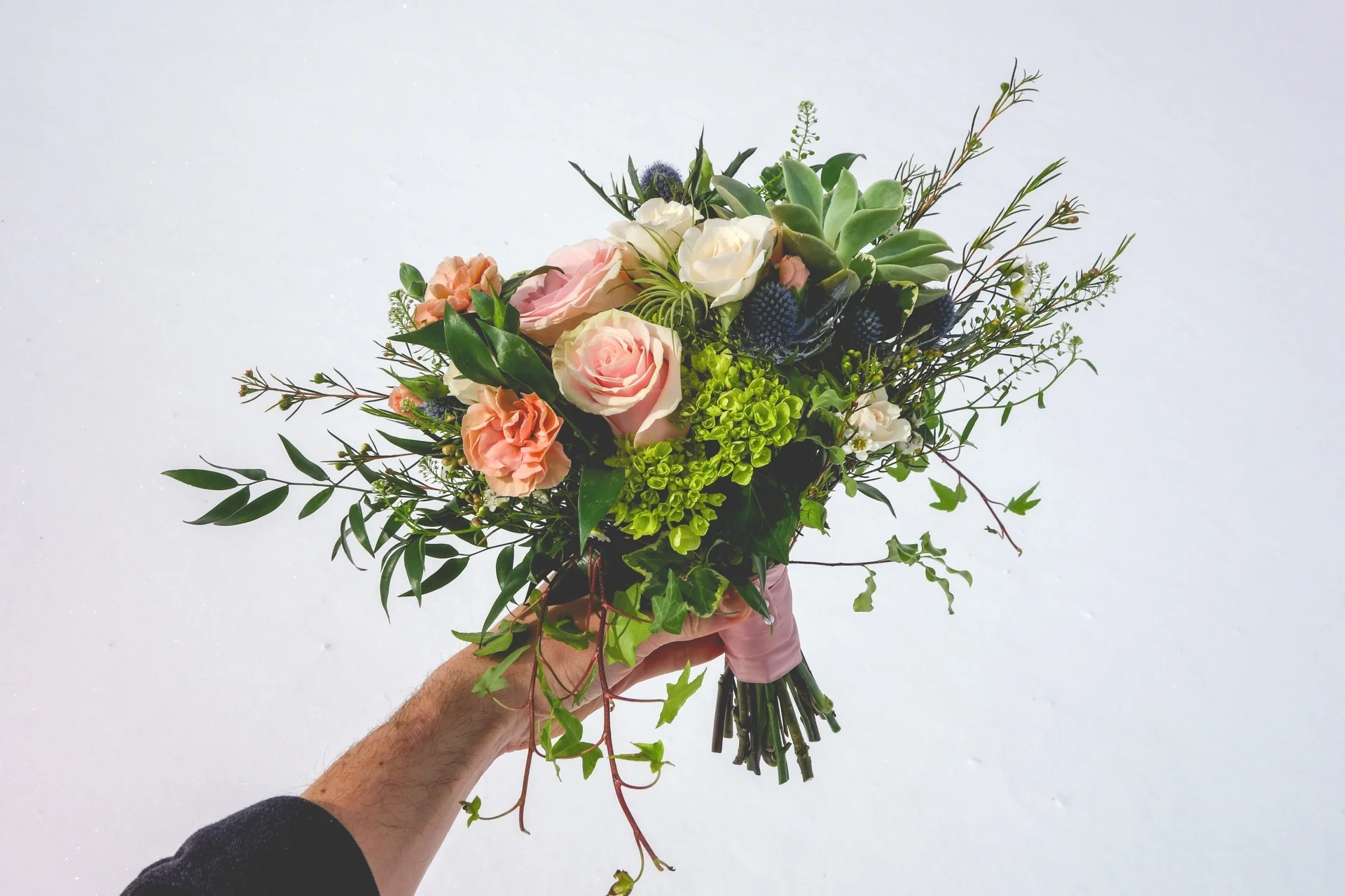 (360 design, succulent and rose/flower mix —paired with succulent boutonniere)