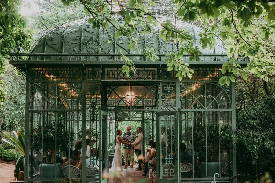 small wedding at the woodland mosaic in the denver botanic gardens at sunset, beautiful green house