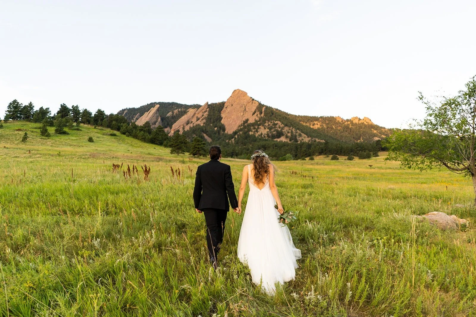 bride and groom walking along the green meadows during wild flower season at chautauqua park, sunset with the iconic flat iron mountains in the background