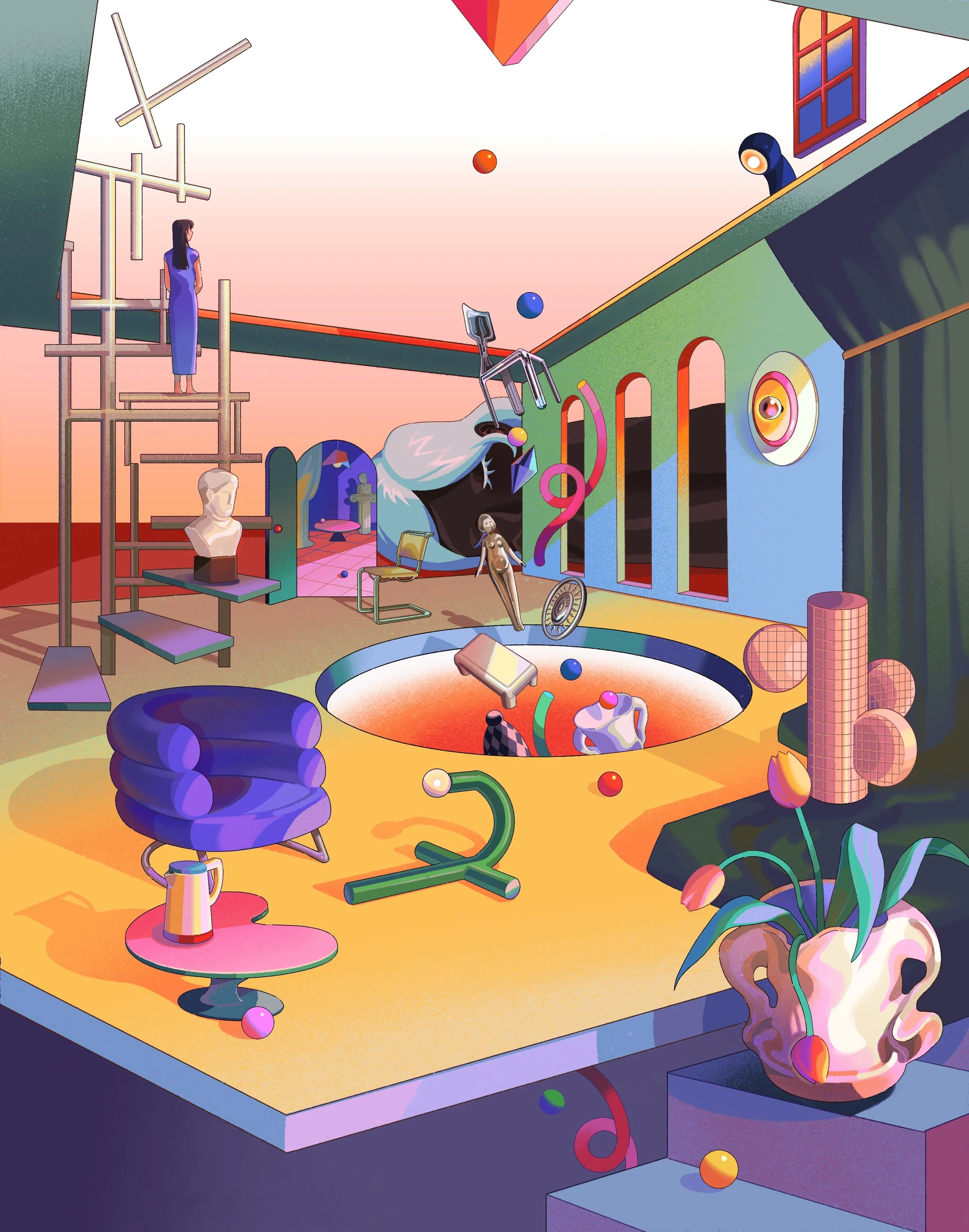 Created by Chinese illustrator Jiawen Chen. A sofa, a vase, stairs, and other furniture placed in a surreal space.