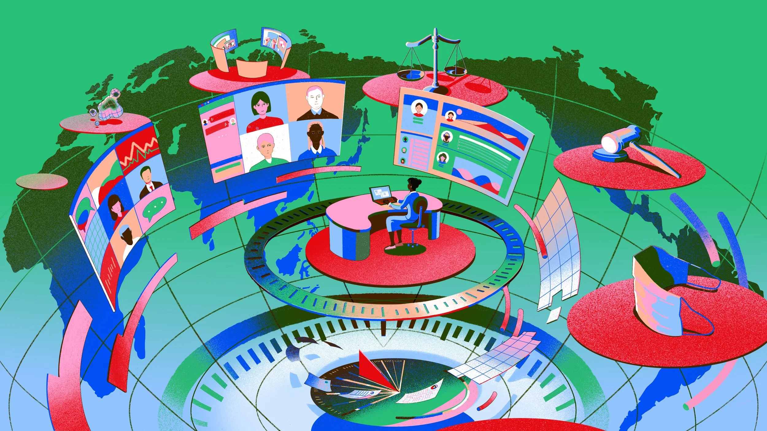  HR editorial illustration for Morning Brew, created by JiawenChen. A Black female HR professional conducting interviews with candidates via online software. 