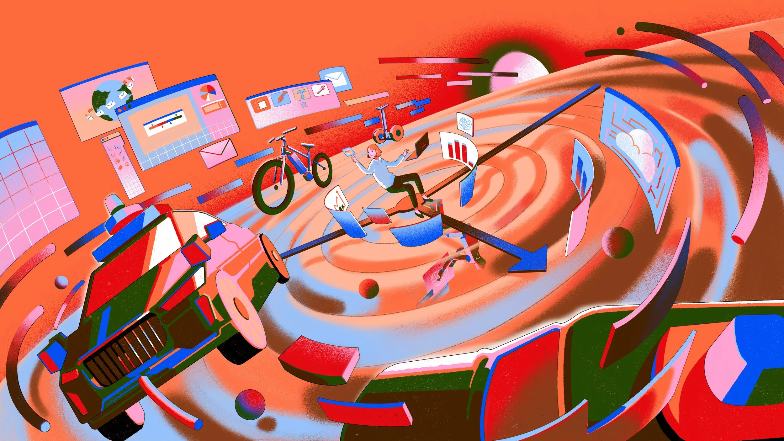  Tech editorial illustration for Morning Brew, created by Jiawen Chen. A girl surrounded by intelligent transportation devices and AI website interfaces. 