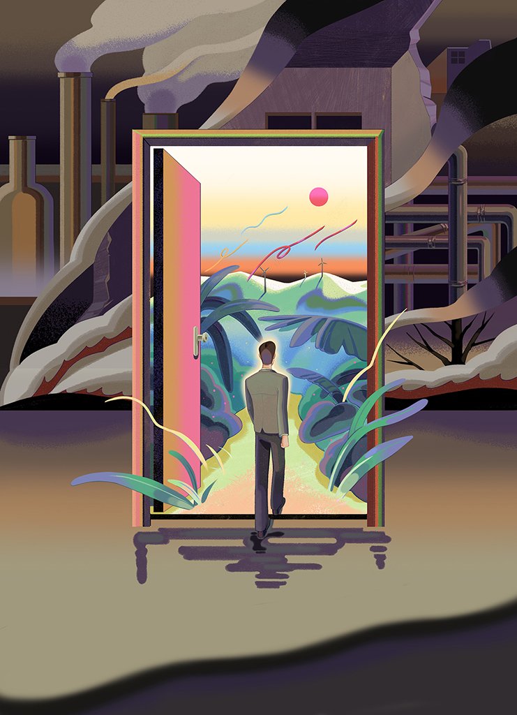 Editorial illustration for OPTO Magazine, create by Asian illustrator Jiawen Chen. A man walking through a door into a space filled with plants, while outside the door is an industrial, polluted environment. 