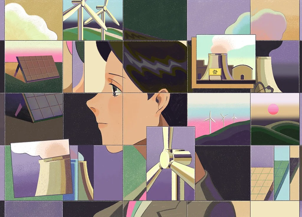  Editorial illustration for OPTO Magazine, create by Asian illustrator Jiawen Chen. A collage of a human portrait with solar panels and a nuclear power plant. 