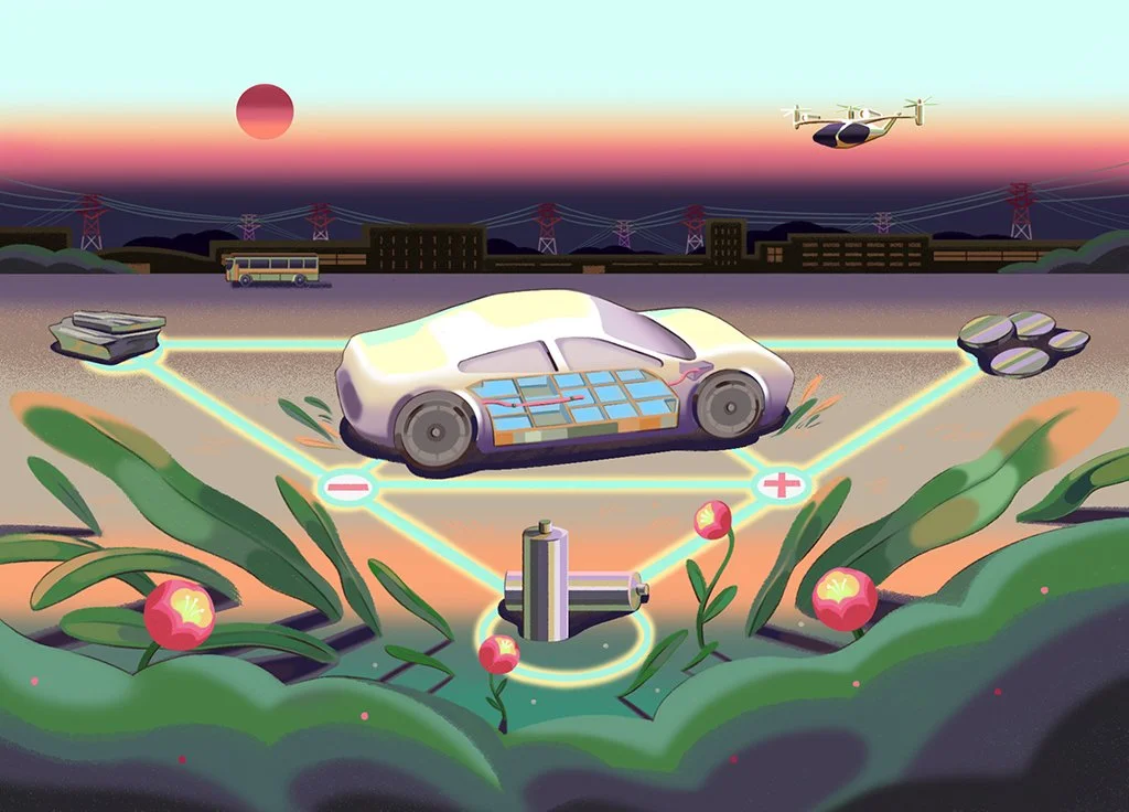  Editorial illustration for OPTO Magazine, create by Asian illustrator Jiawen Chen.An electric vehicle with its battery. 