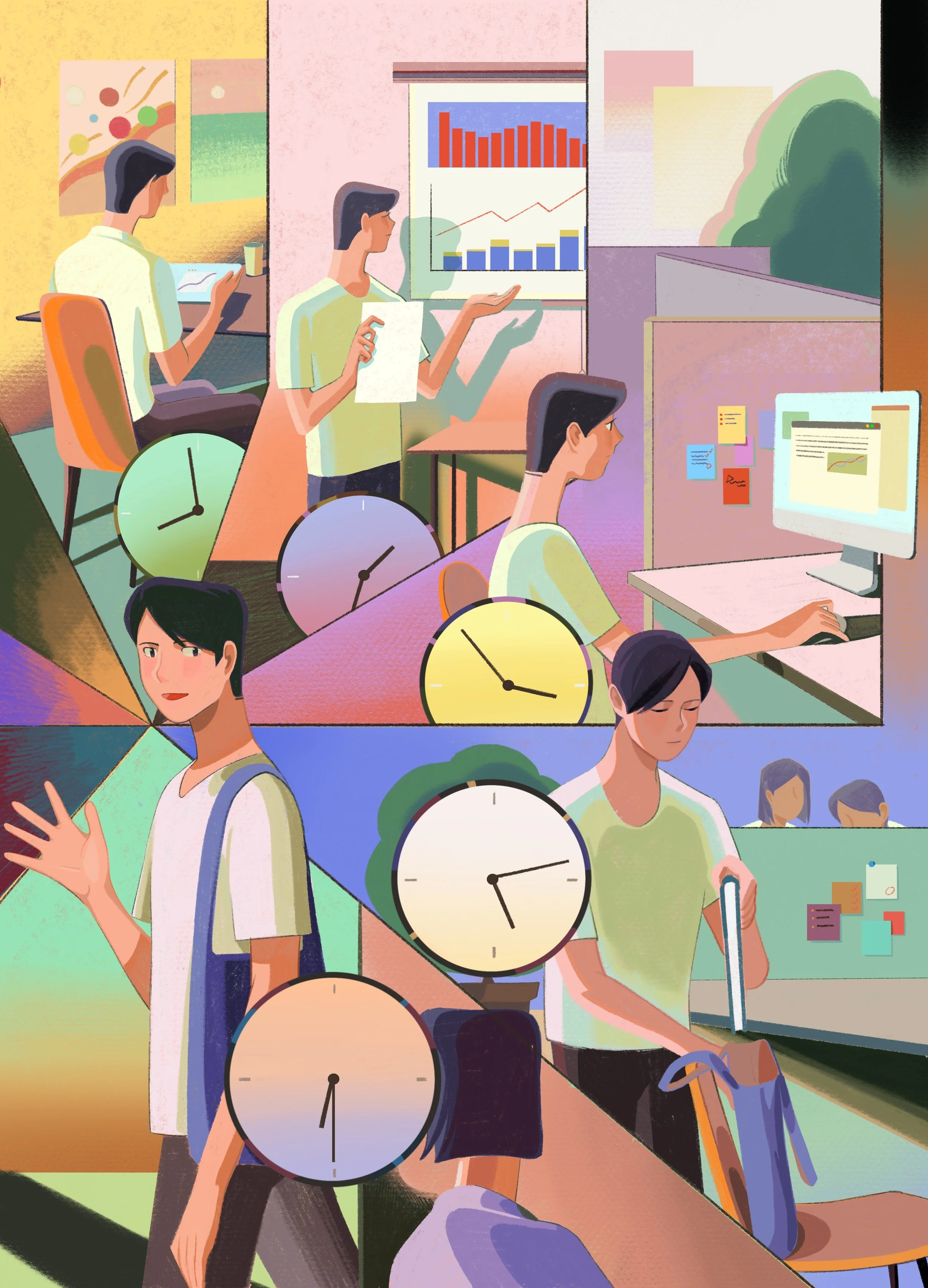 Editorial illustration for Fashion Cosmo China. Created by Asian Illustrator Jiawen Chen. A man organizing his work schedule according to a clock.