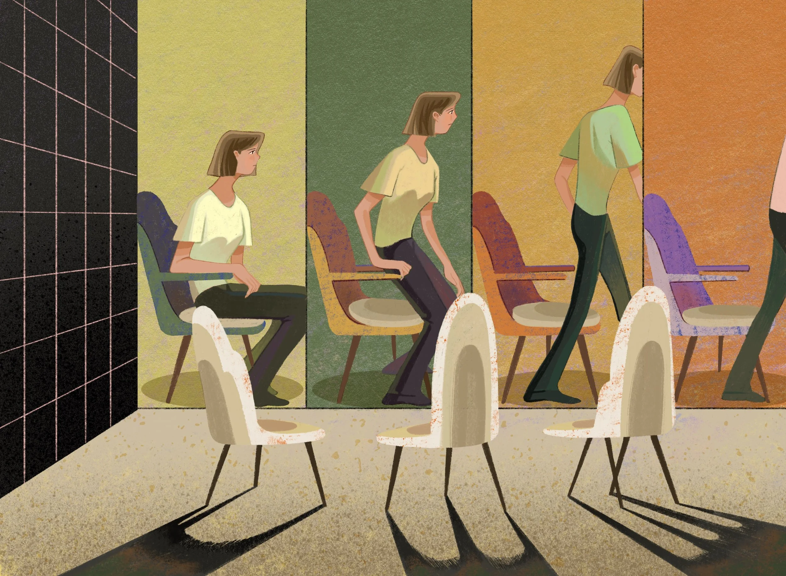 Editorial illustration for Fashion Cosmo China, Created by Asian illustrator JiawenChen. A woman getting up from her seat.