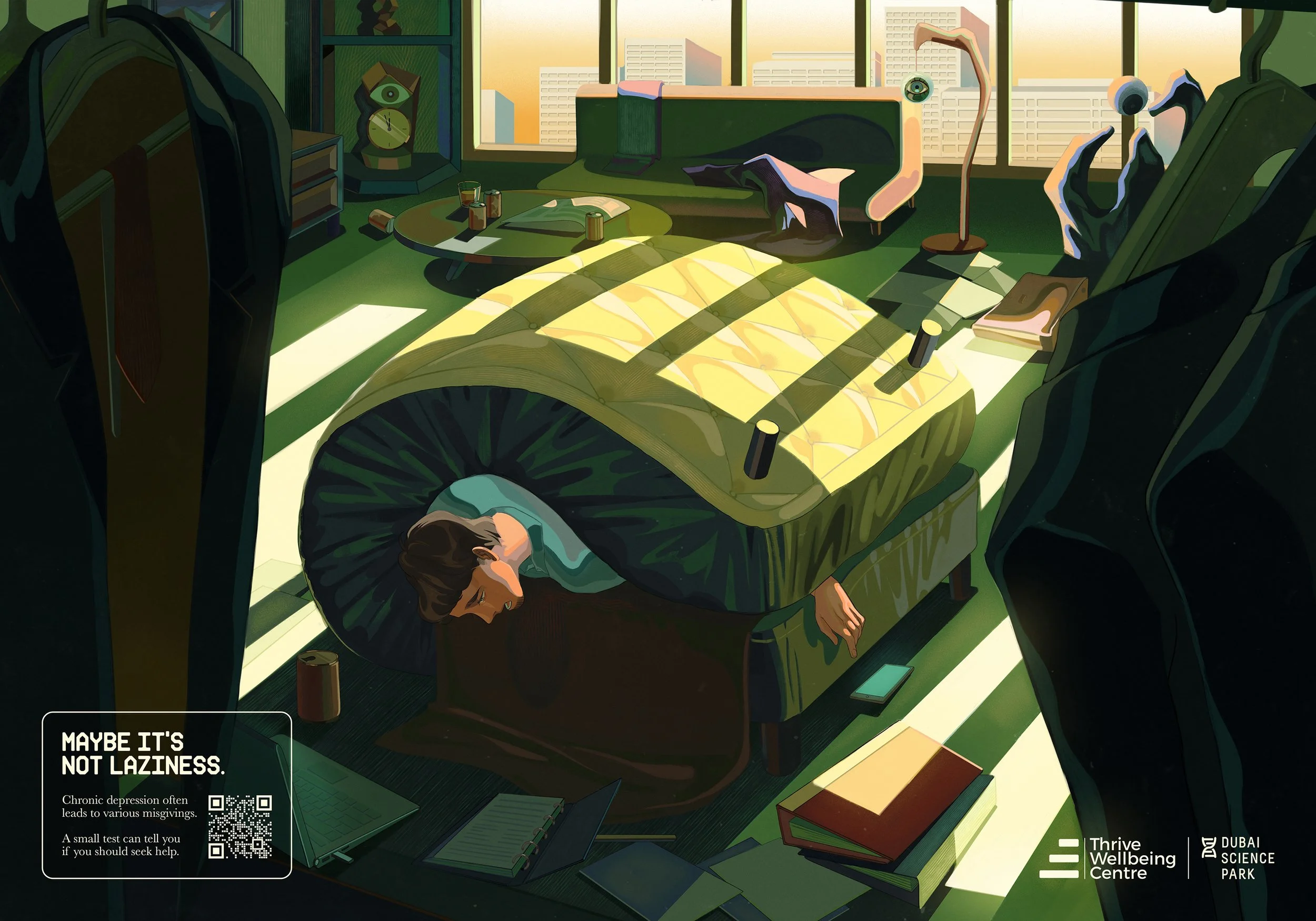 Commercial illustration about depression for Service Plans, Created by Asian Illustrator JiawenChen. A man trapped between mattresses, surrounded by the suit he wears to work.