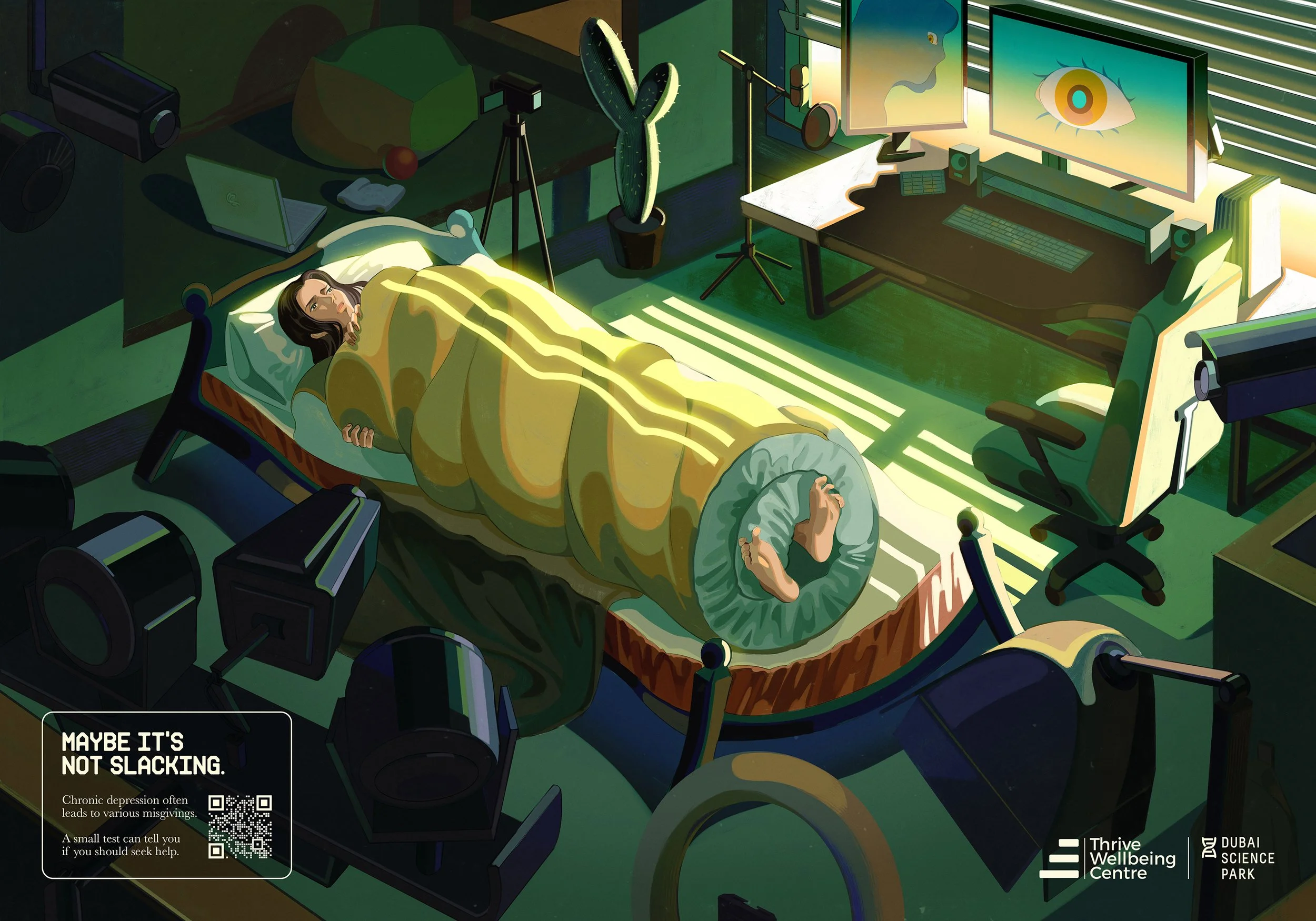 Commercial illustration about depression for Service Plans, Created by Asian Illustrator JiawenChen. A girl curled up in a blanket, surrounded by a computer and other electronic devices in her room