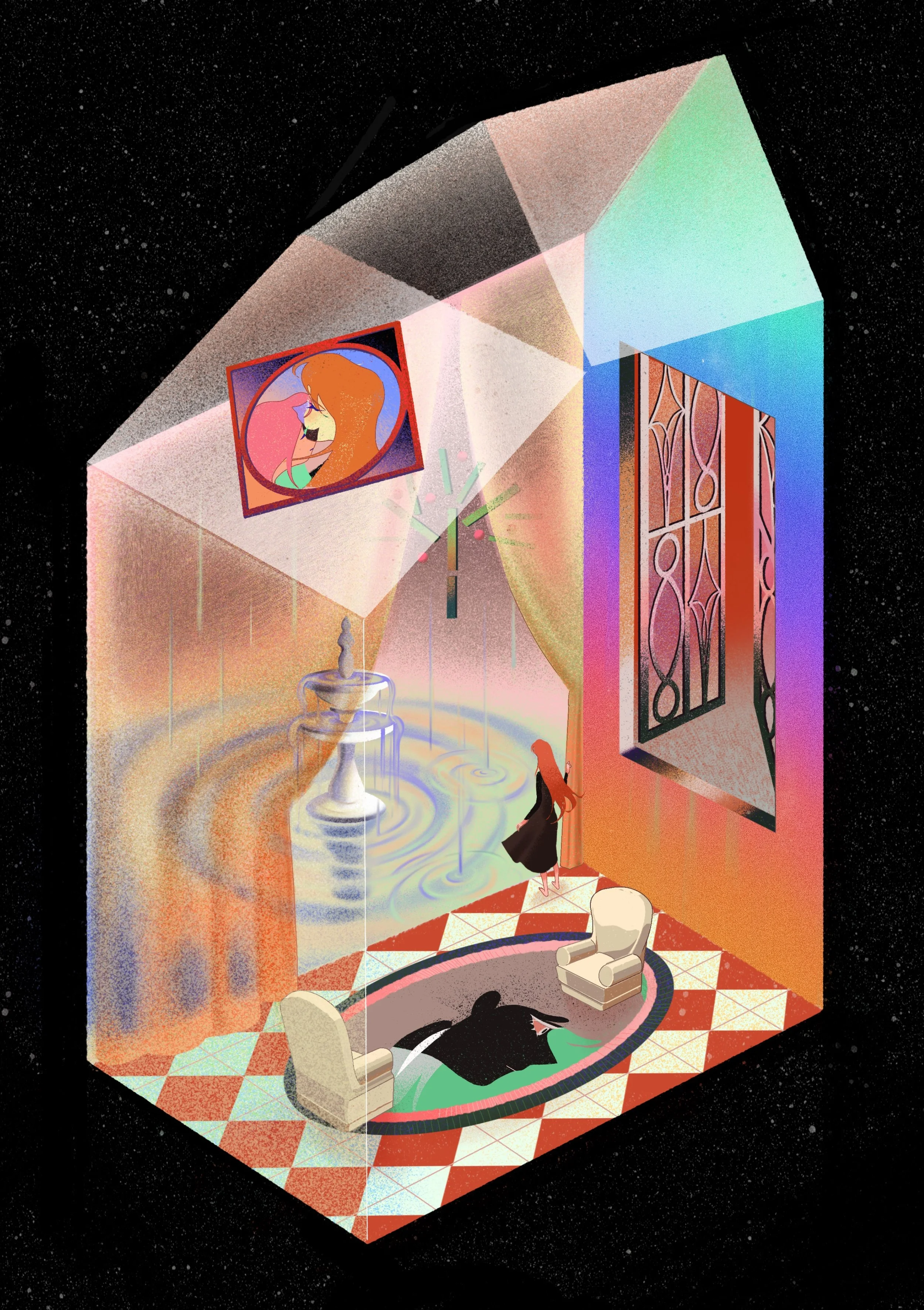  03.Surreal personal illustration created by Asian Illustrator Jiawen Chen. A woman floats inside a transparent room with walls covered in damp mist. 