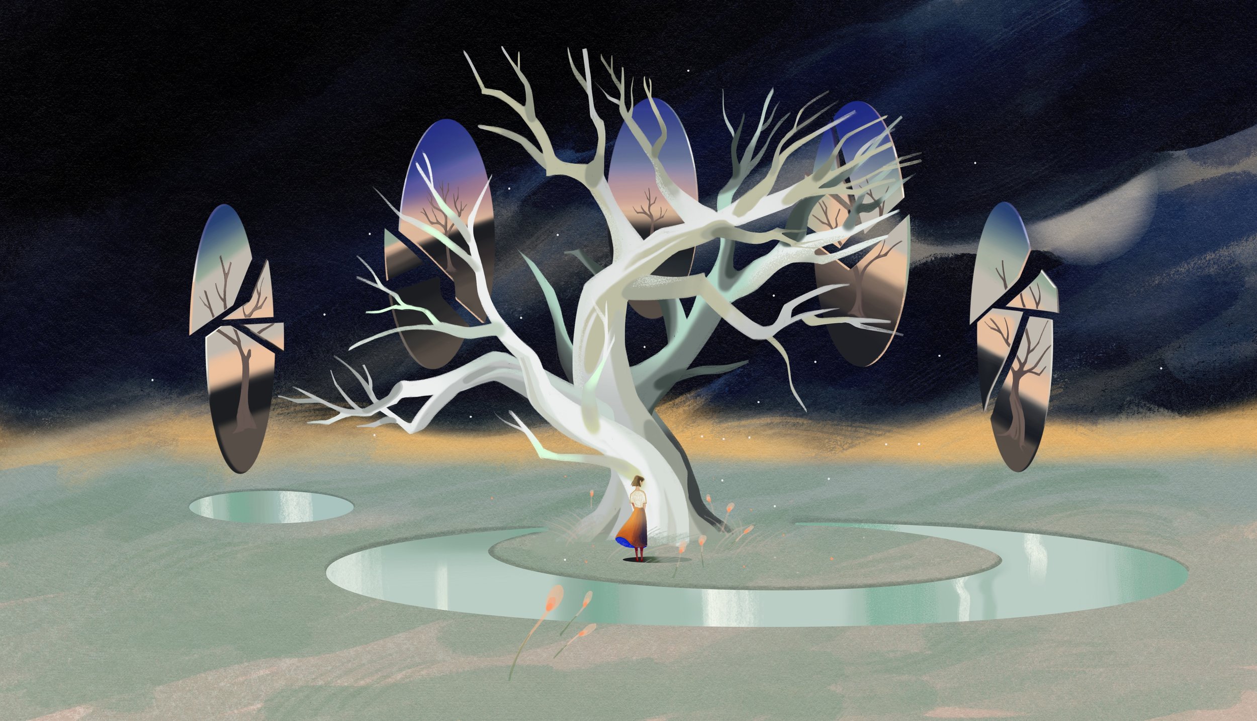  Surreal personal work created by Asian Illustrator Jiawen Chen. A tree surrounded by mirrors 