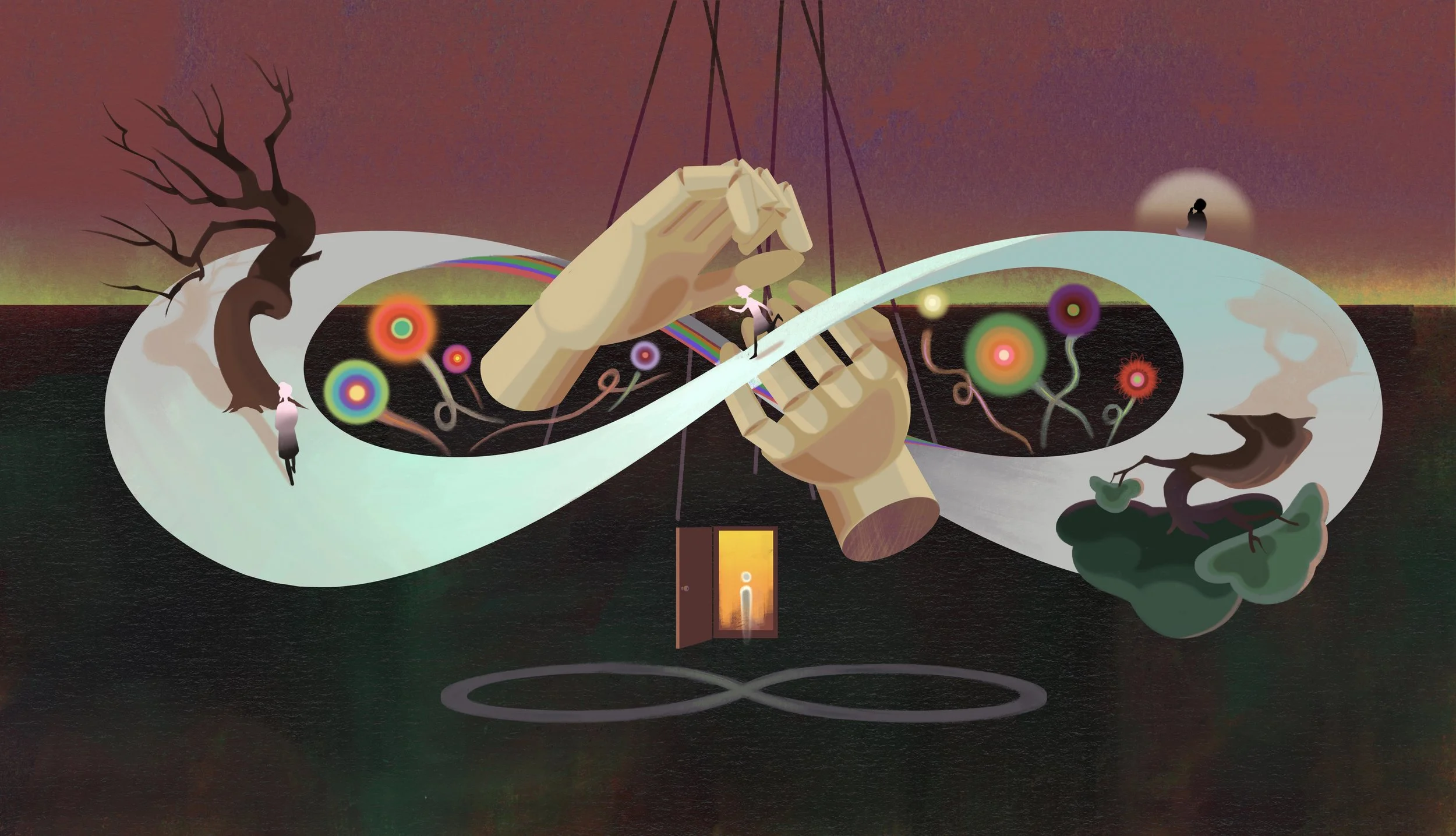  Surreal personal work created by Asian Illustrator Jiawen Chen. A tree surrounded by mirrors 