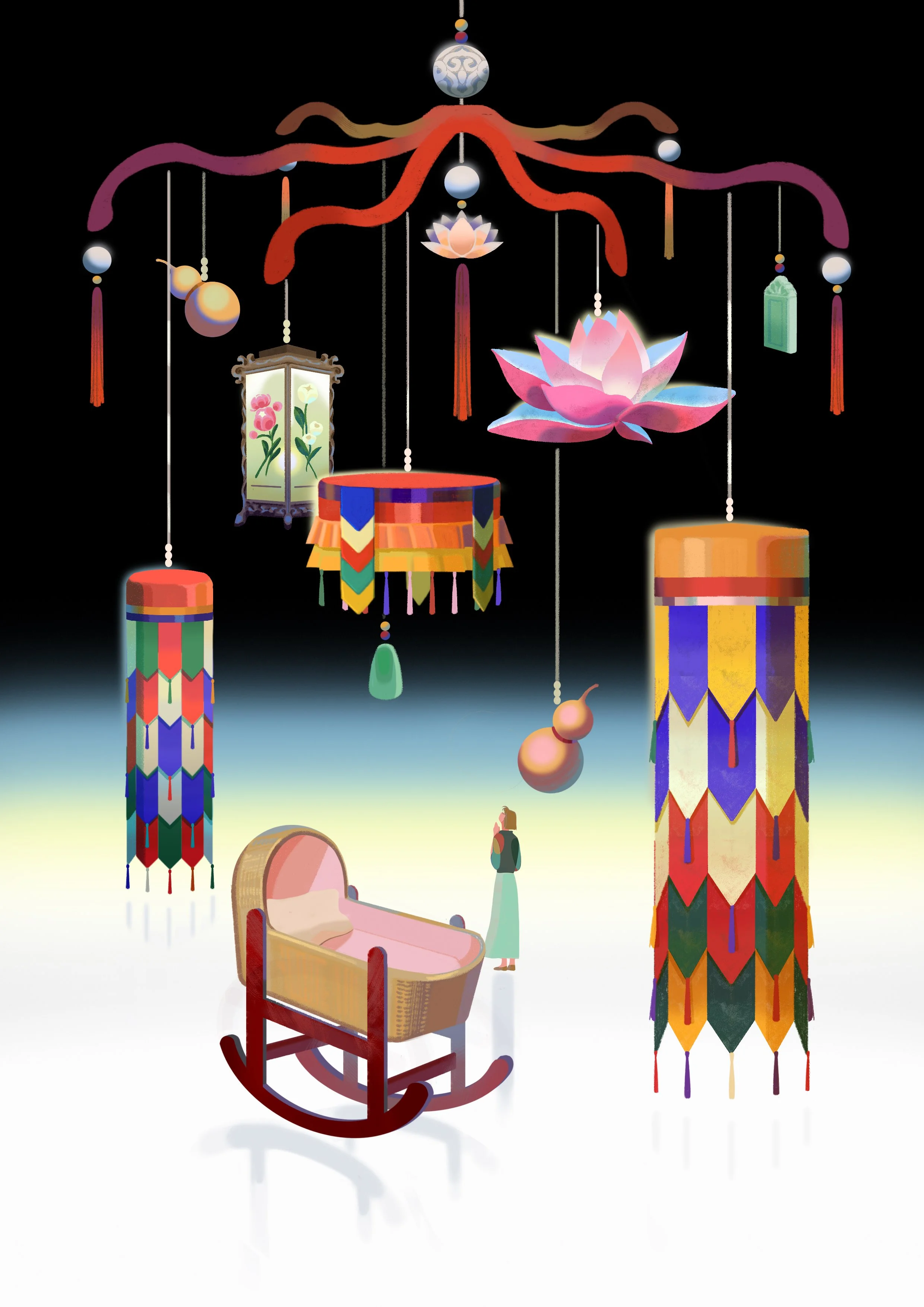 Surreal personal work created by Asian Illustrator Jiawen Chen.A woman standing beneath a crib mobile made of lotus flowers, prayer flags, and lanterns.
