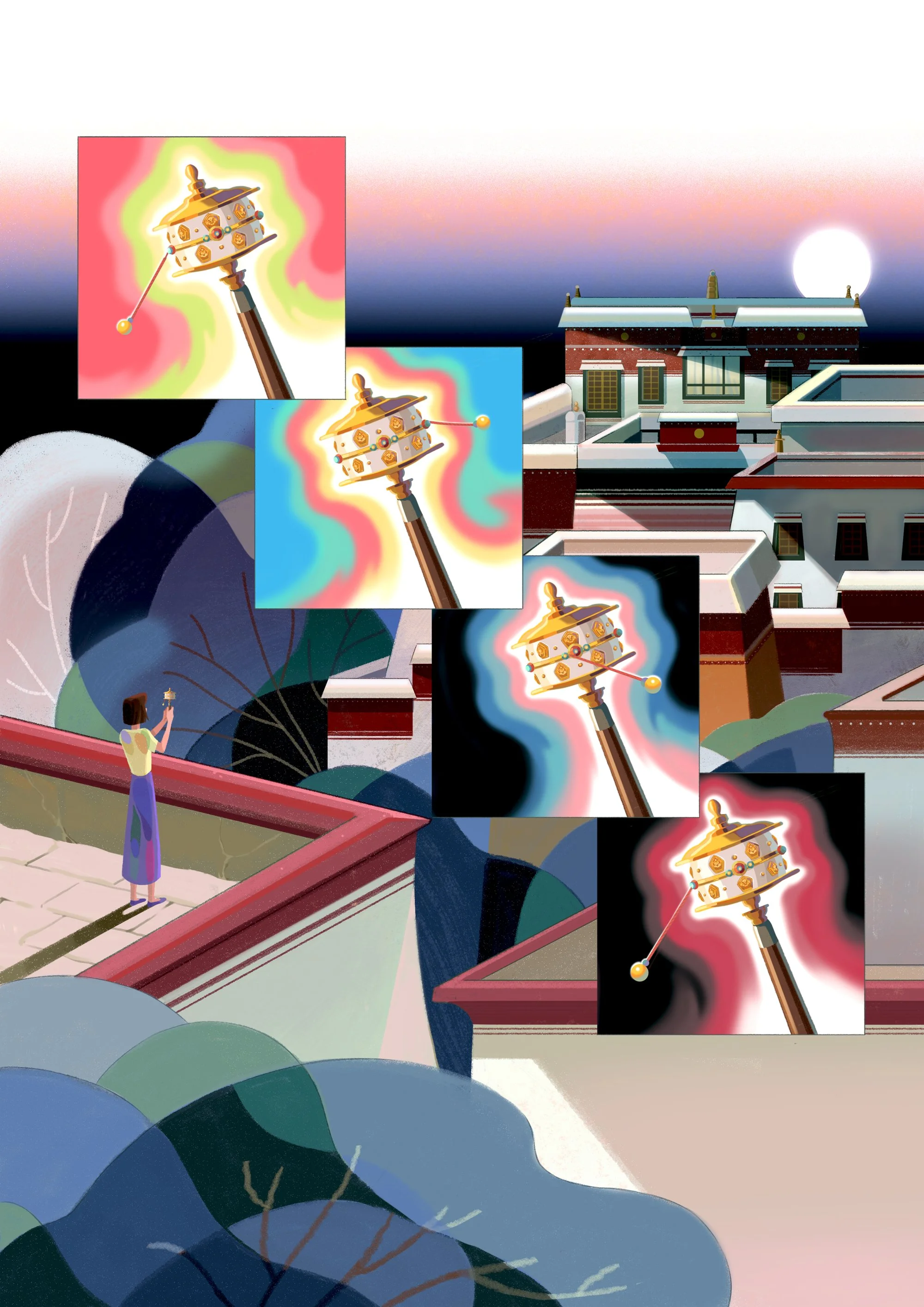 Surreal personal work created by Asian Illustrator Jiawen Chen.A woman shaking a prayer wheel.