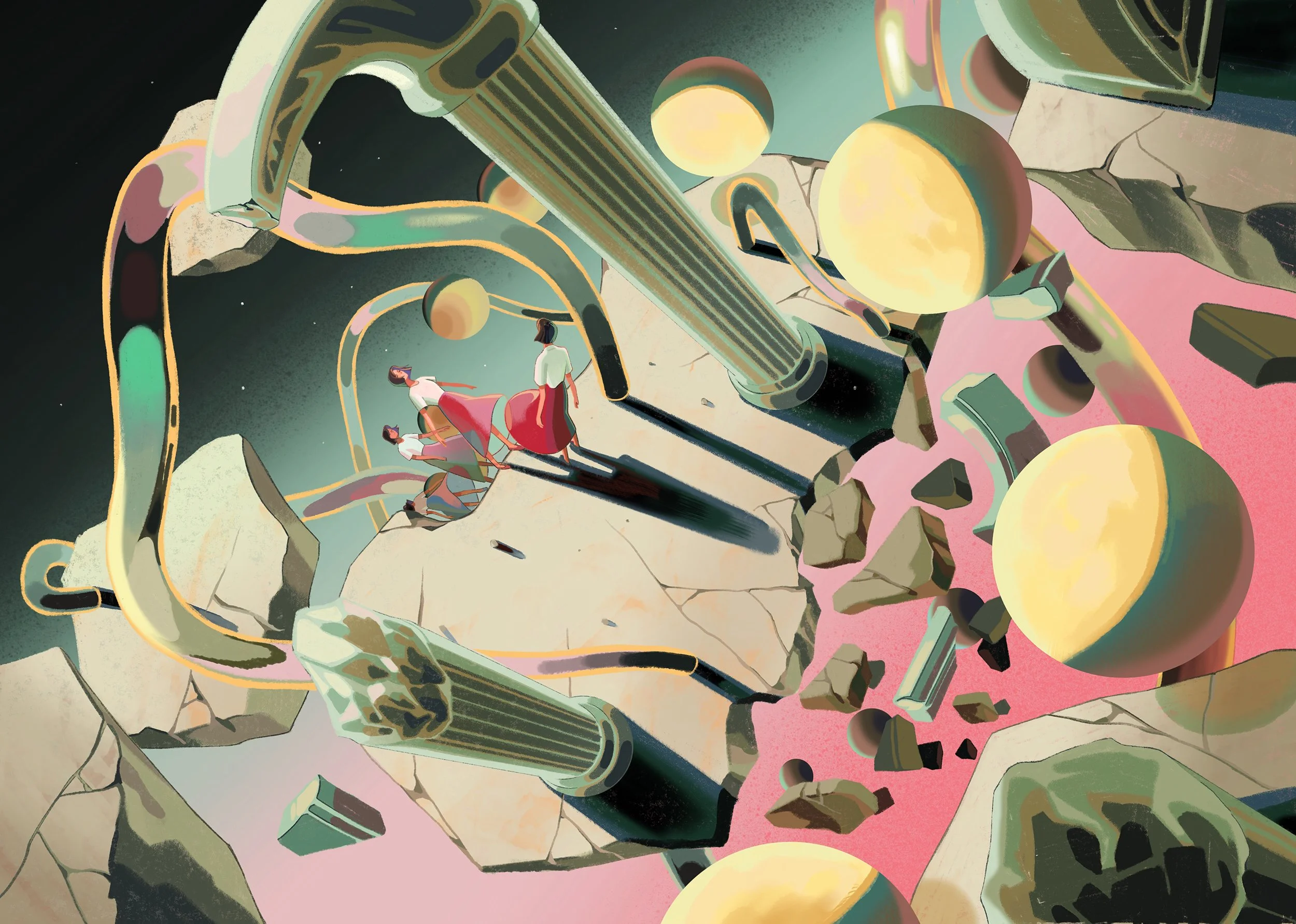 Surreal personal work created by Asian Illustrator Jiawen Chen. A woman falling in an abstract space, surrounded by ruins of stone buildings and the moon.