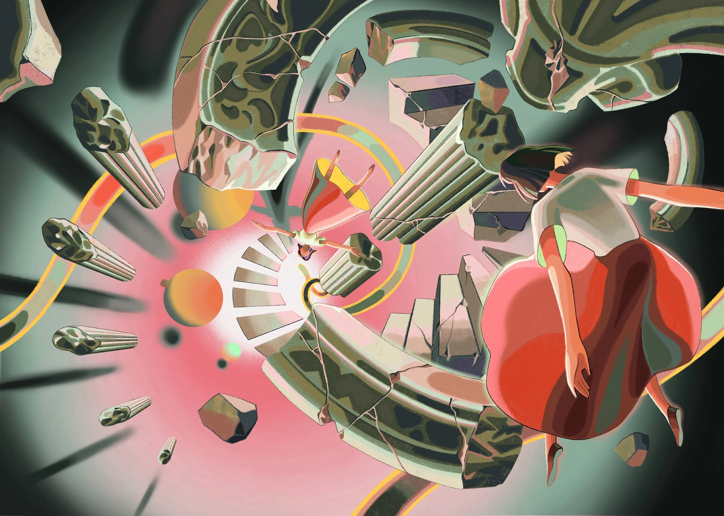 Surreal personal work created by Asian Illustrator Jiawen Chen. A woman floating in an abstract space, surrounded by Roman columns and ruins of stone stairs.