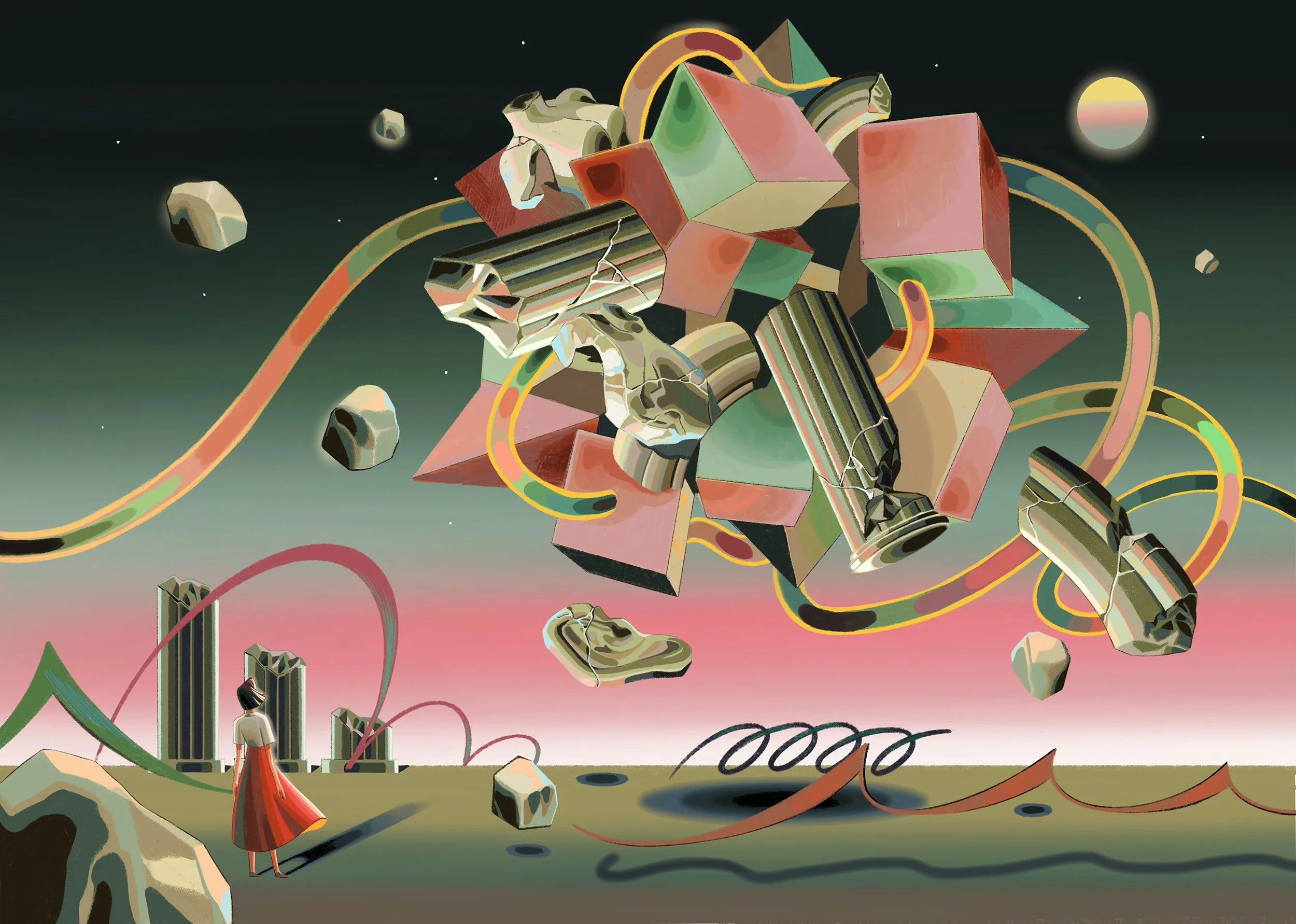 Surreal personal work created by Asian Illustrator Jiawen Chen. A woman standing on the ground, gazing at an abstract object merging with the sky.