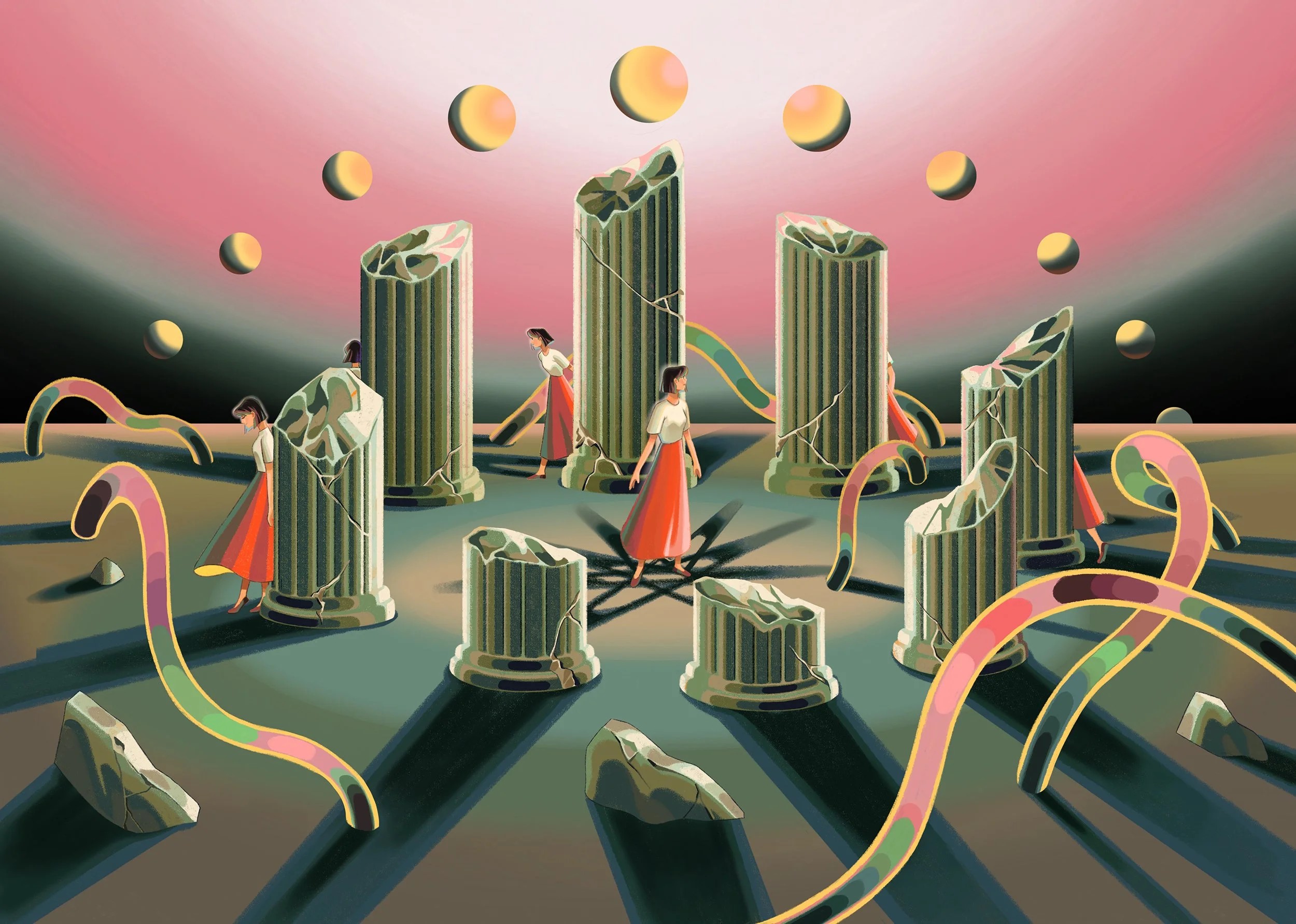 Surreal personal work created by Asian Illustrator Jiawen Chen.A woman surrounded by broken stone pillars, searching for another version of herself hiding in the shadows.