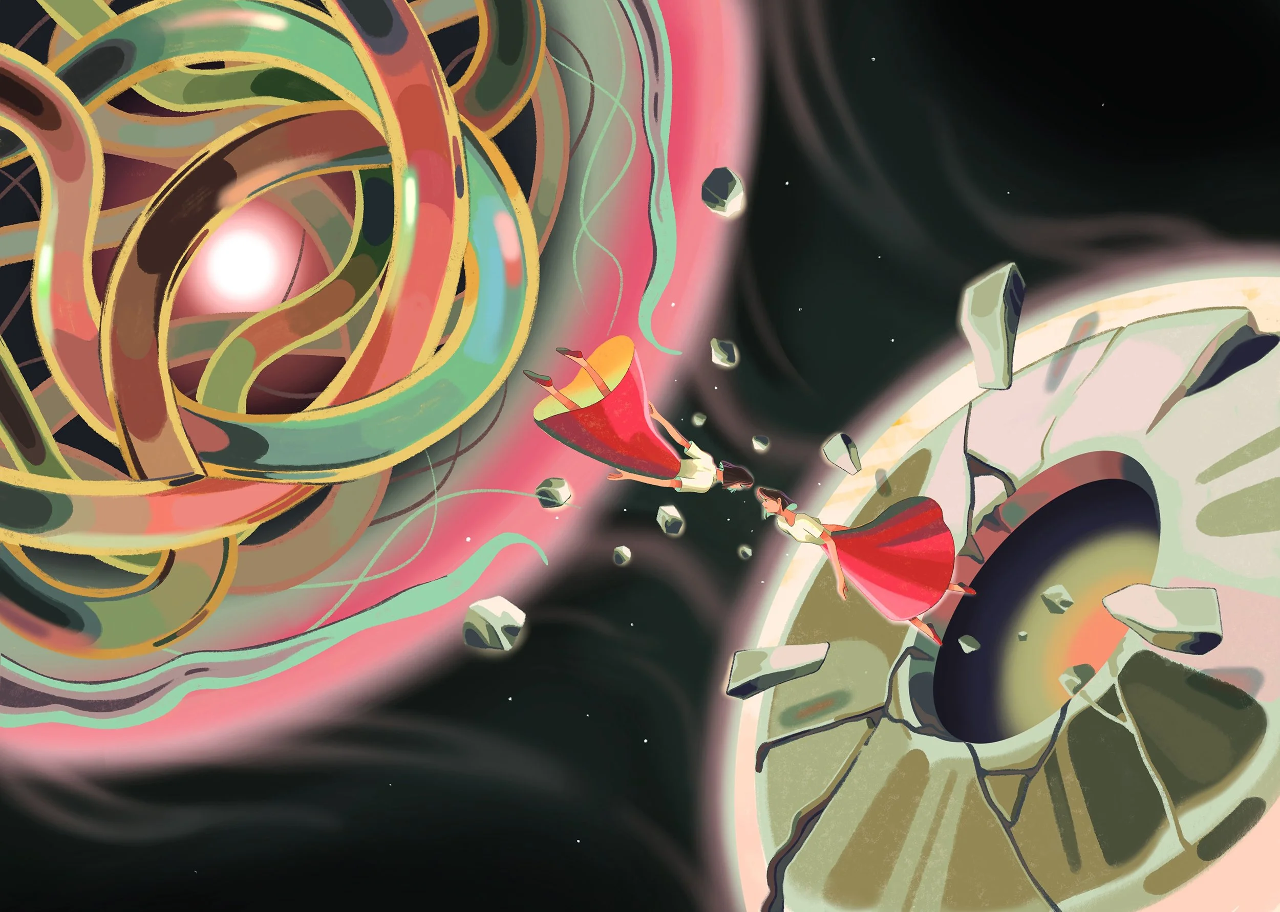 Surreal personal work created by Asian Illustrator Jiawen Chen.Two women gazing at each other in the air.