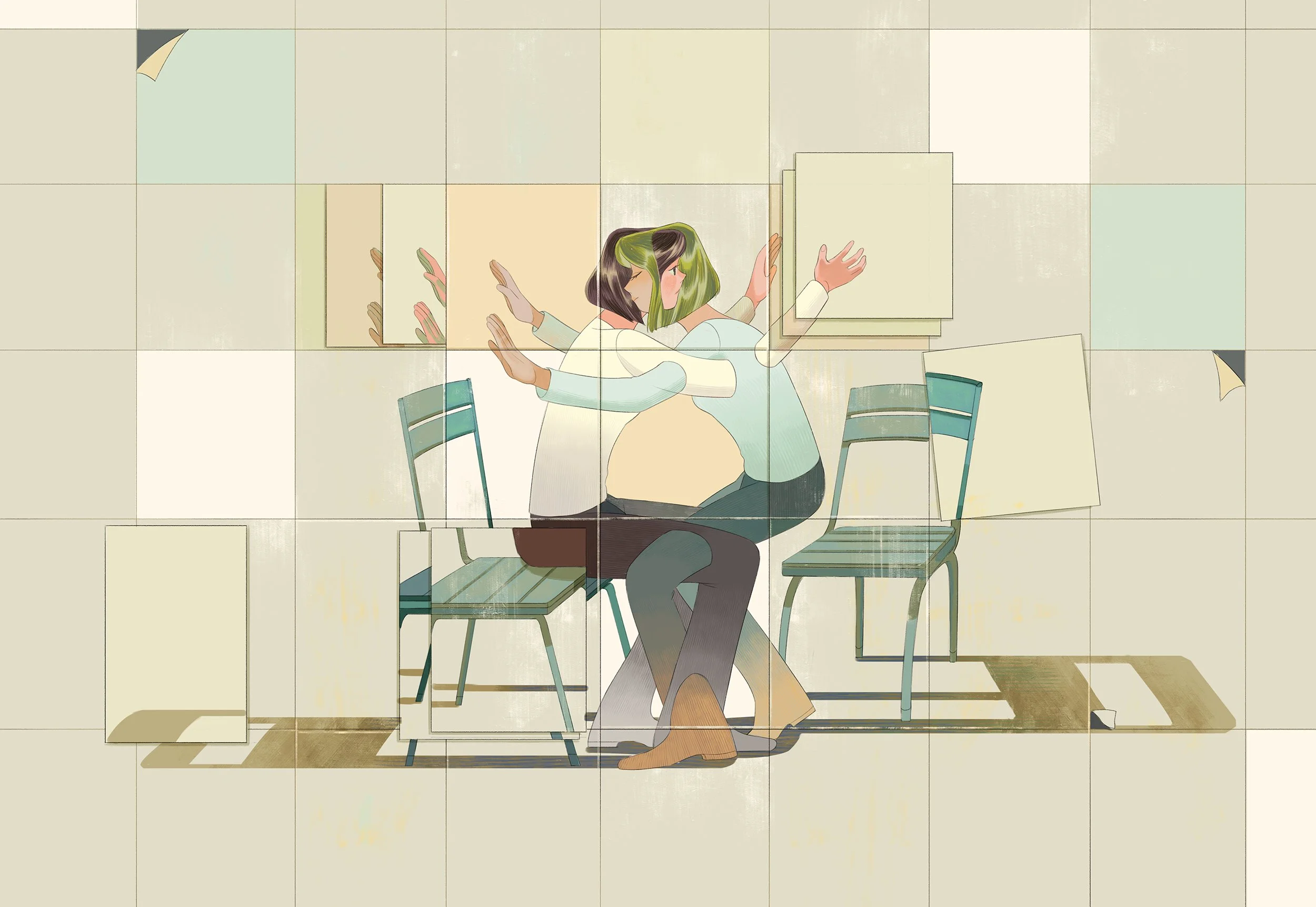 Surreal personal work created by Asian Illustrator Jiawen Chen.Two women sitting on chairs facing each other in a collage composition.