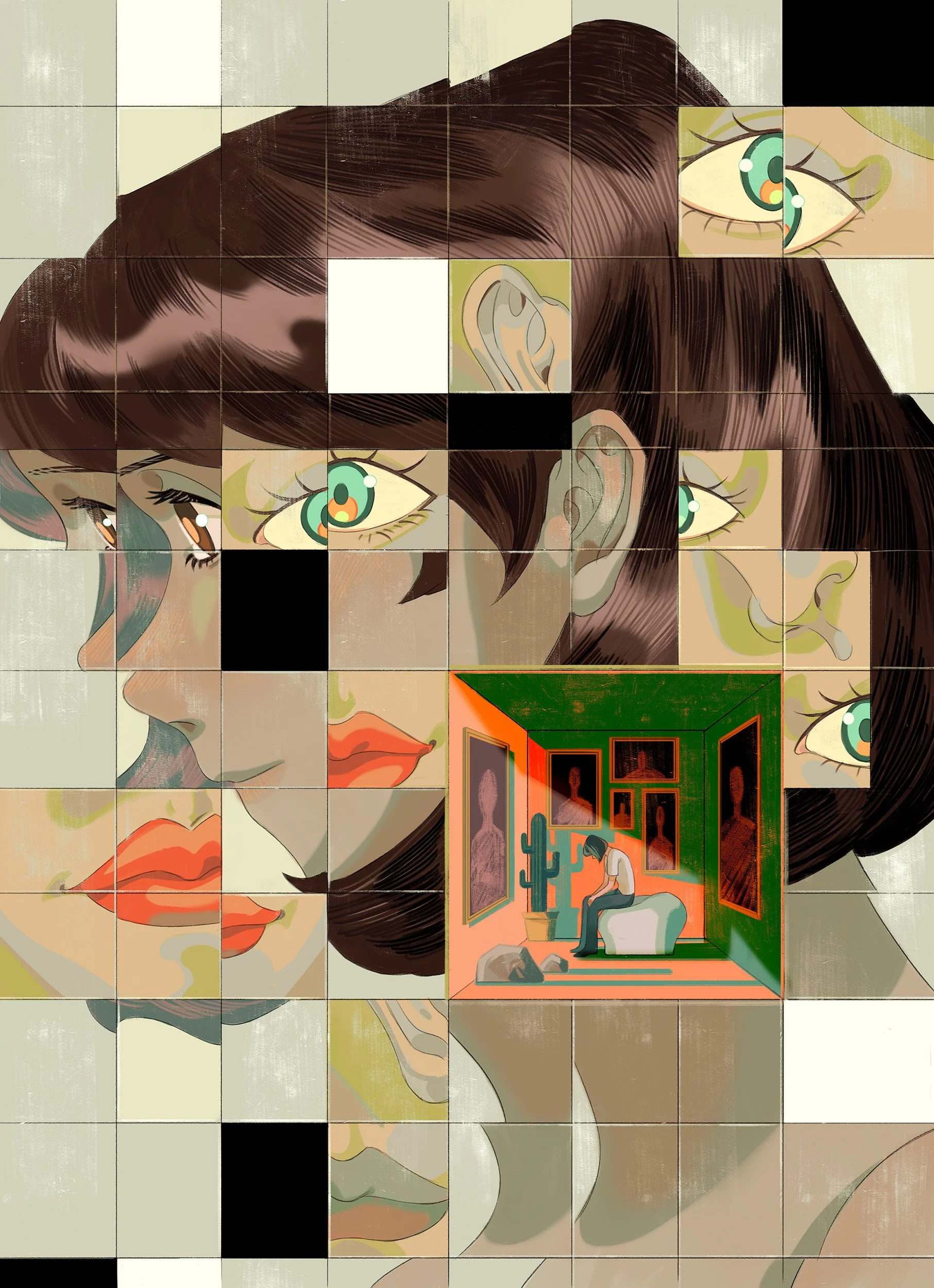 Surreal personal work created by Asian Illustrator Jiawen Chen.A collage portrait of a woman illustrating feelings of anxiety.