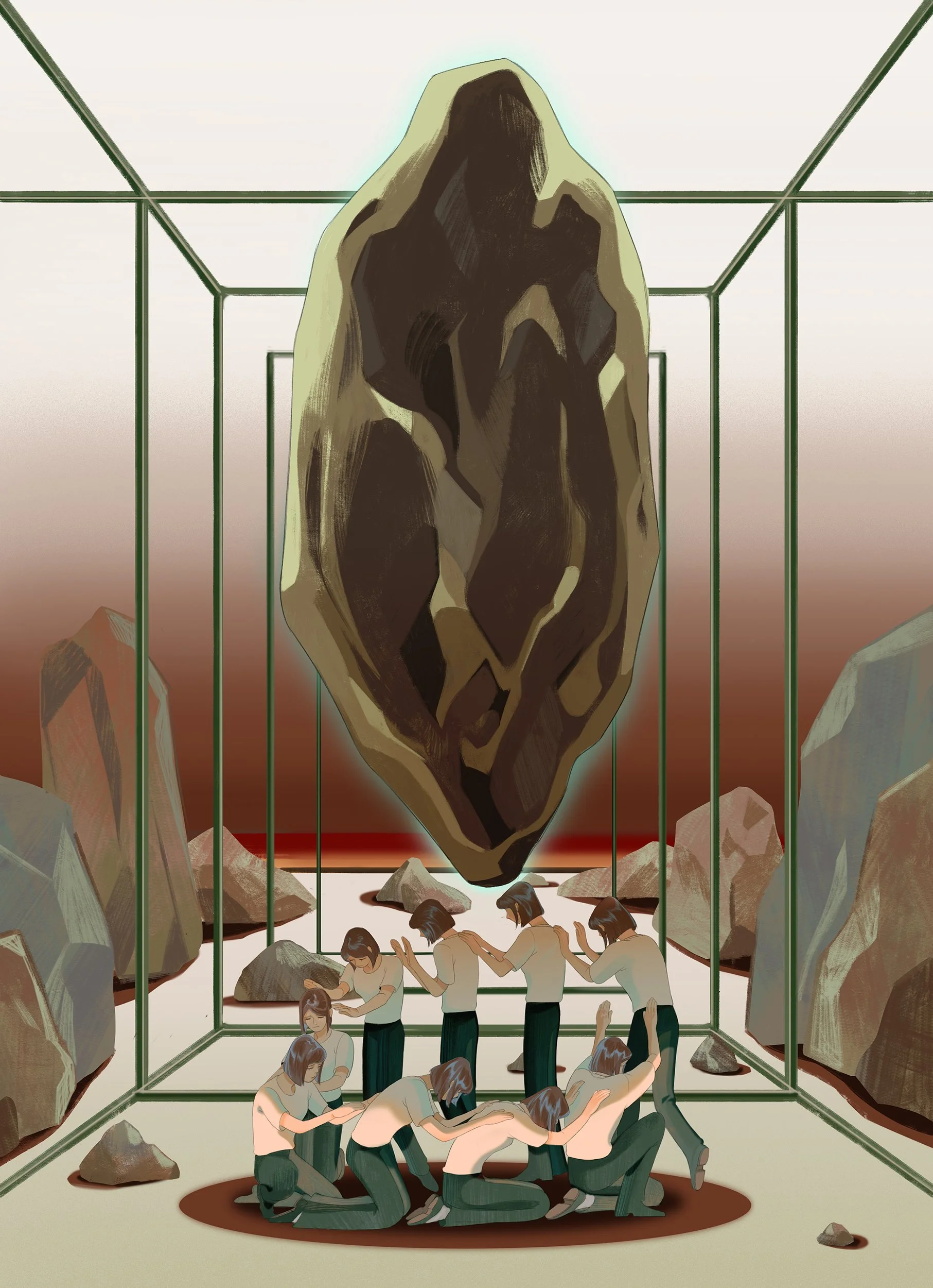 Surreal personal work created by Asian Illustrator Jiawen Chen.Massive stones floating above people's heads.