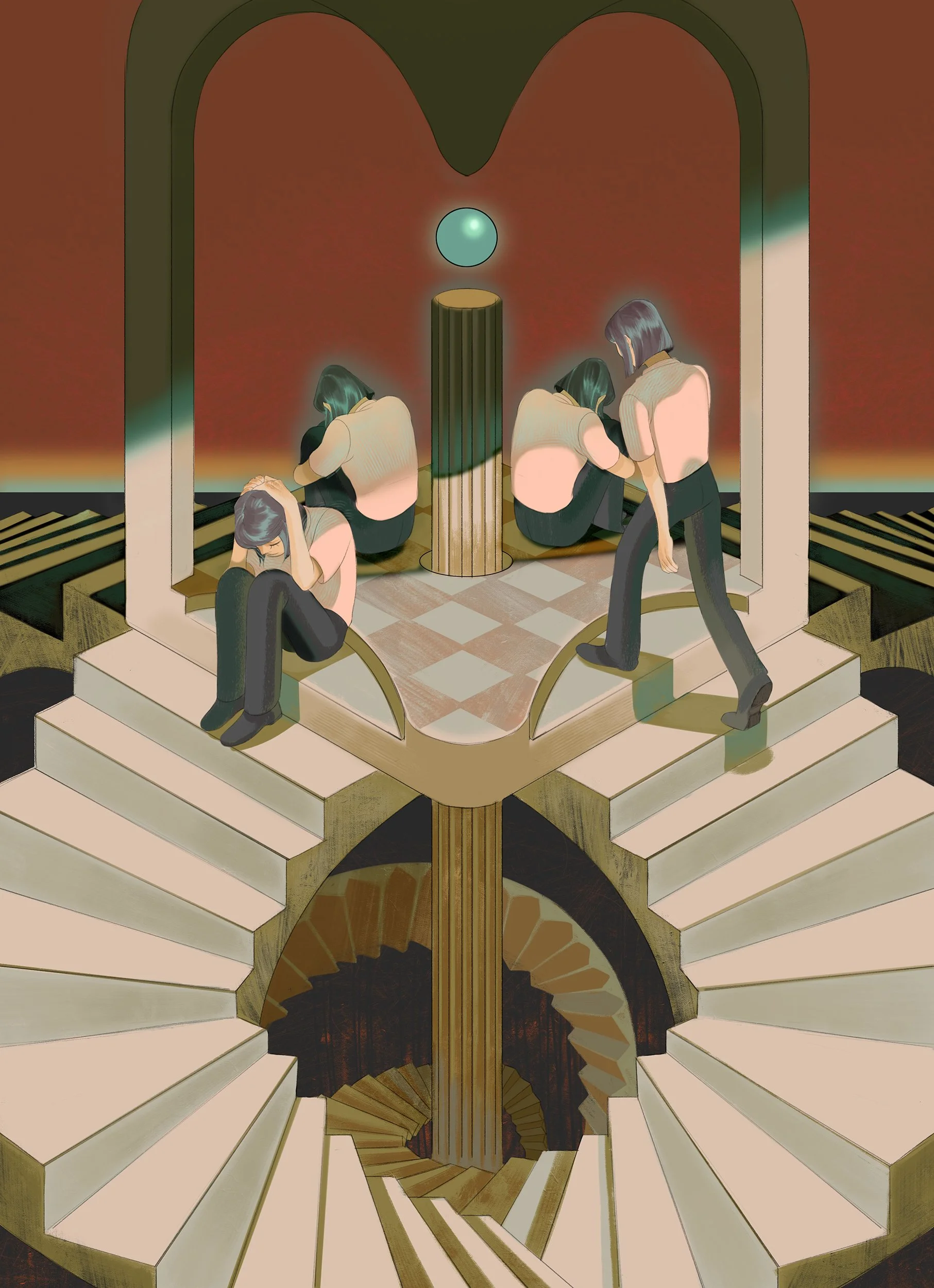 Surreal personal work created by Asian Illustrator Jiawen Chen.A woman walking on an endless staircase.